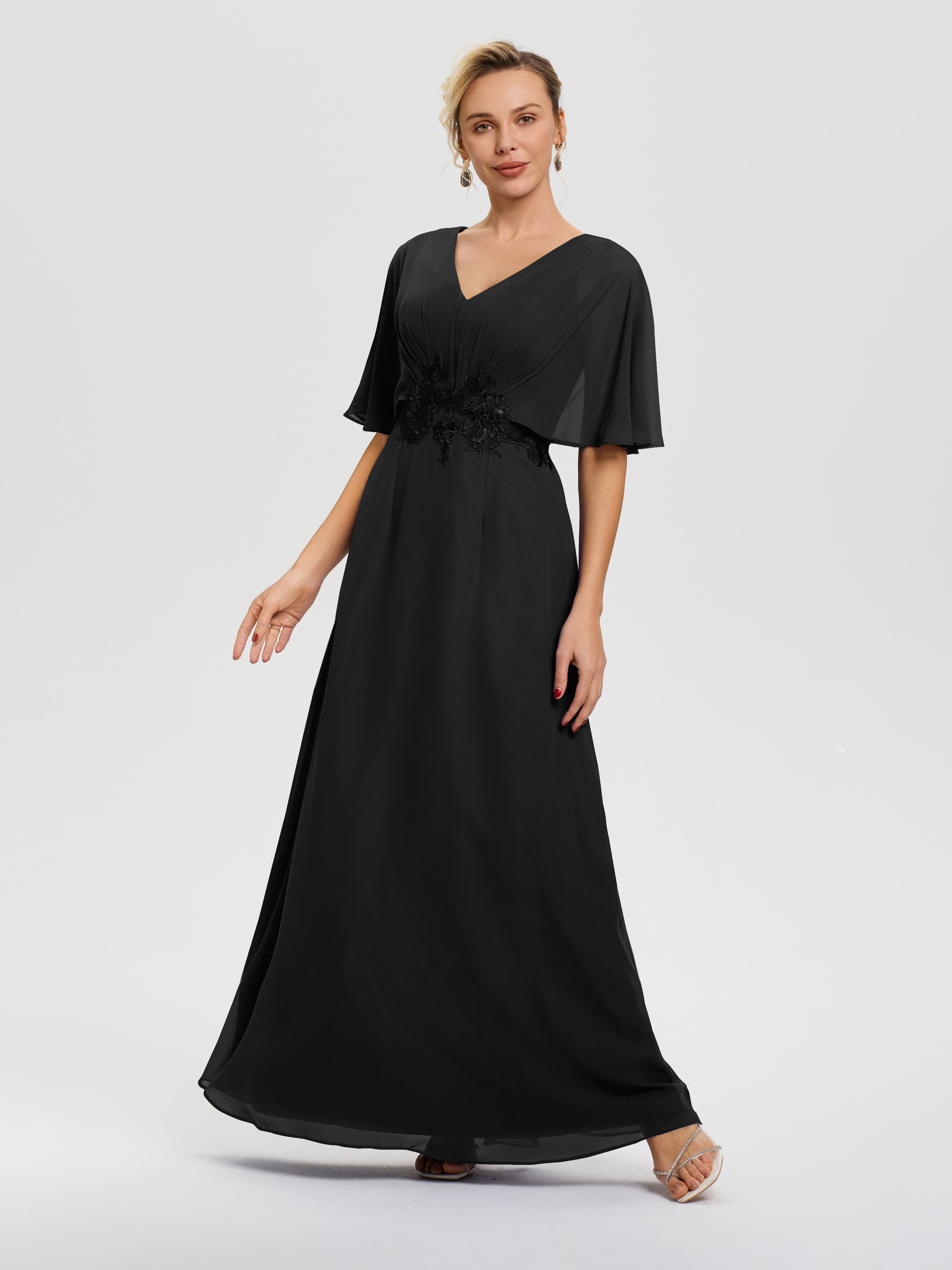 Elegant Mother Of The Bride Dresses Black A-Line V-Neck Half Sleeves Appliques Waist Floor Length Chiffon Mother Of The Bride Dress Elegant Mother Of The Bride Dresses Black A-Line V-Neck Half Sleeves Appliques Waist Floor Length Chiffon Mother Of The Bride Dress