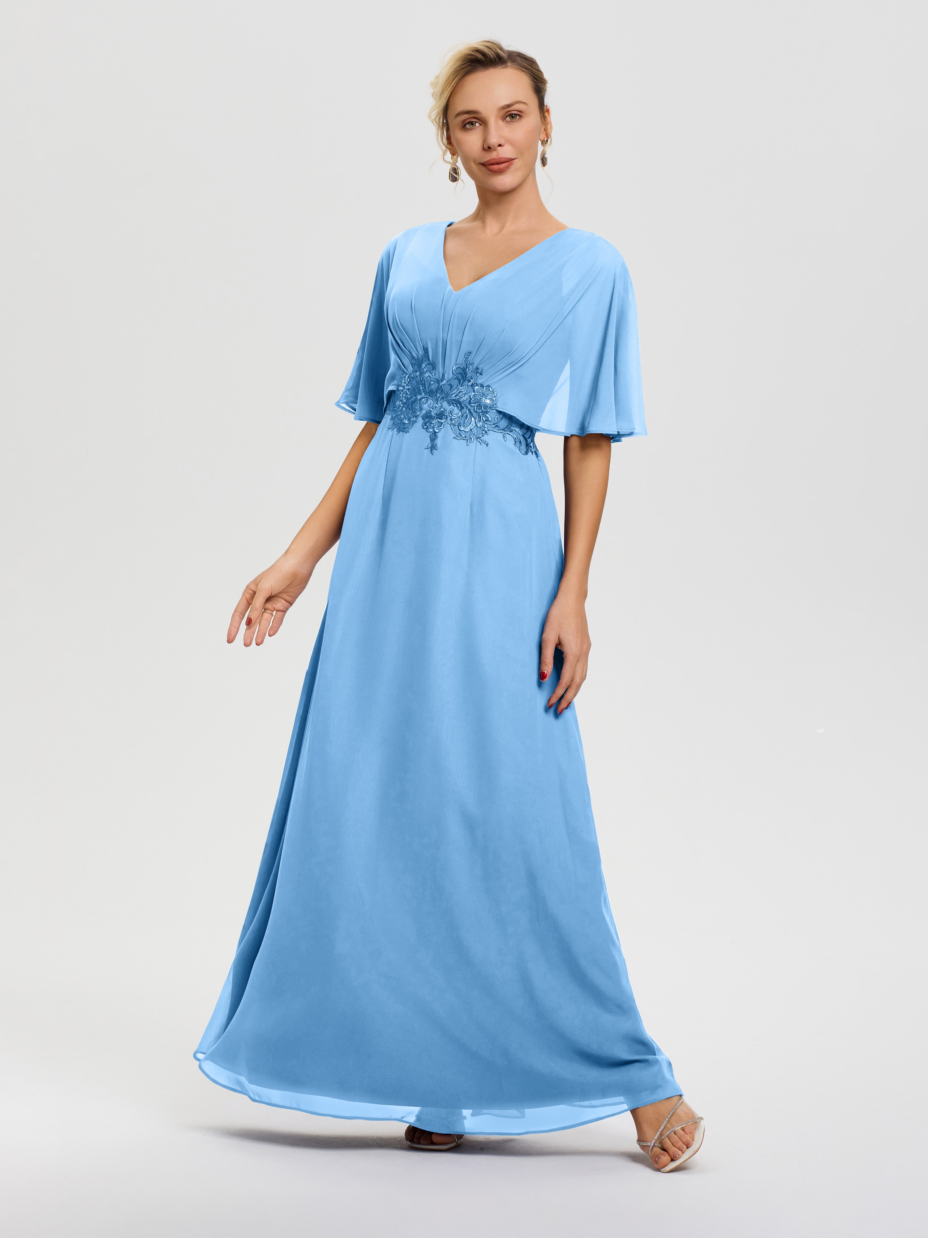 baby blue mother of the bride dress BABARONI Chiffon and Lace Mother of the Bride Short Dress with Long Sleeves and Ruffle Skirt