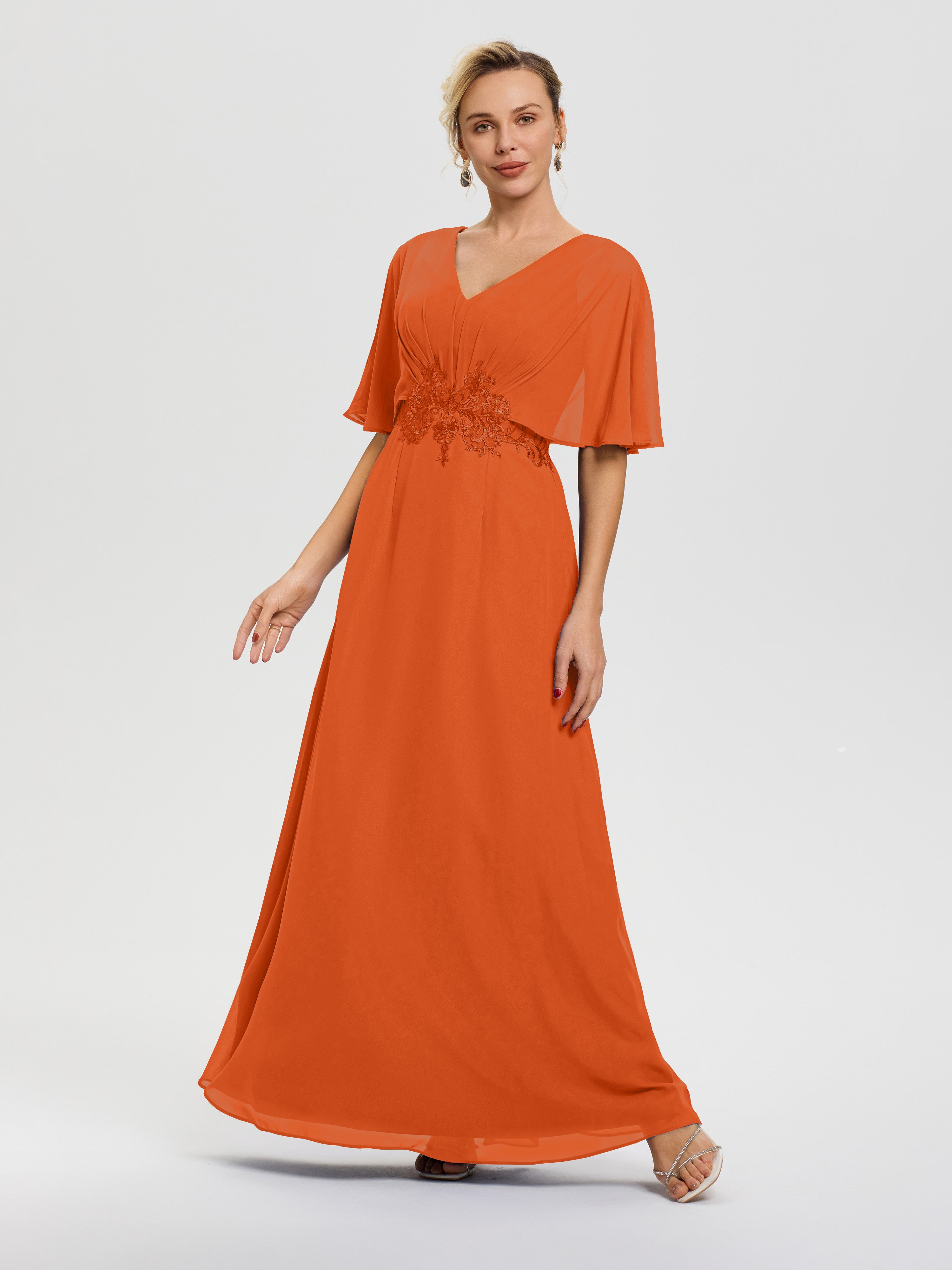Burnt Orange Mother Of The Bride Dress A-Line V-Neck Half Sleeves Appliques Waist Floor Length Chiffon Mother Of The Bride Dress Burnt Orange Mother Of The Bride Dress A-Line V-Neck Half Sleeves Appliques Waist Floor Length Chiffon Mother Of The Bride Dress