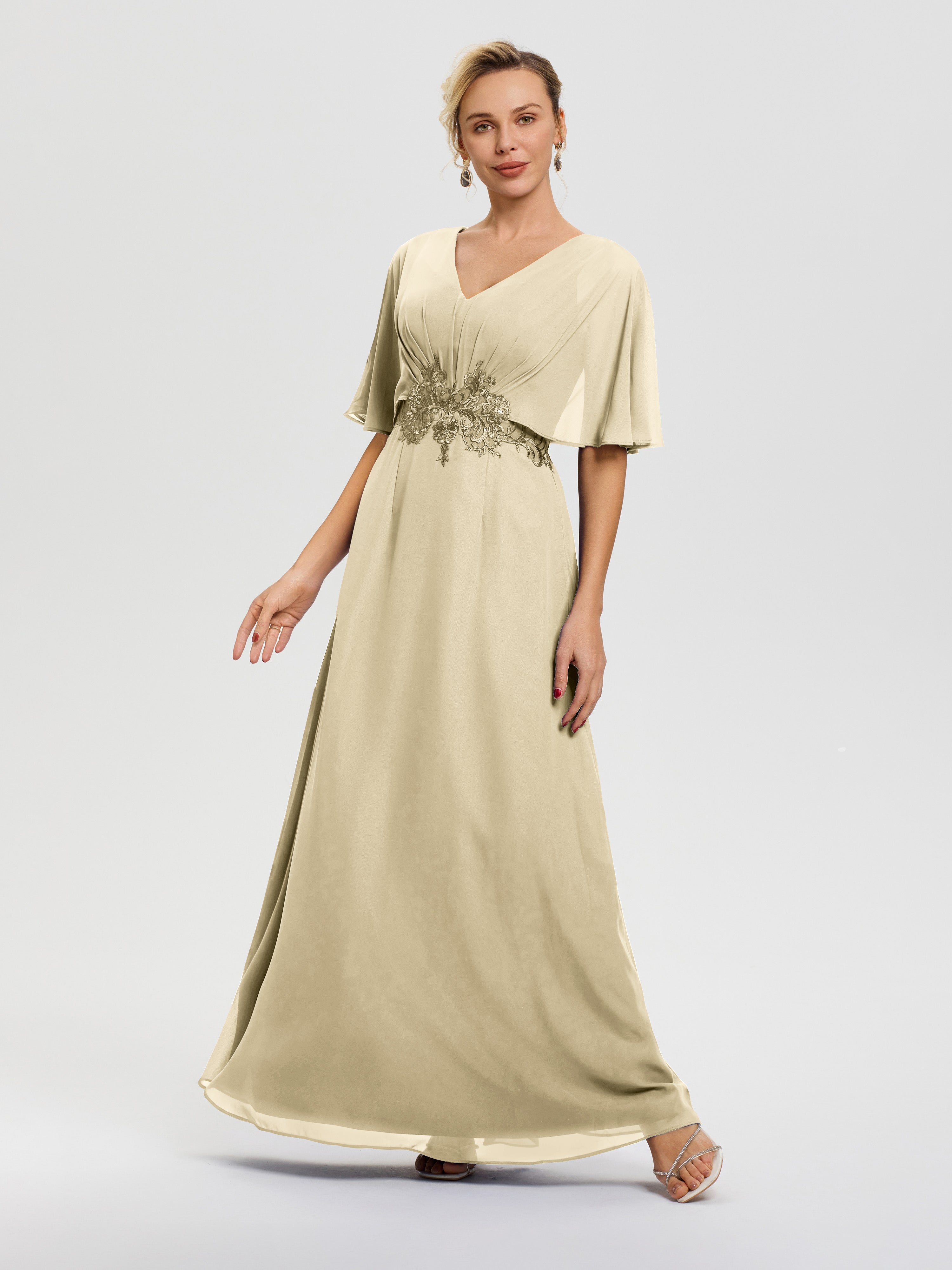Champagne Knee Length Mother Of The Bride Dresses A-Line V-Neck Half Sleeves Appliques Waist Floor Length Chiffon Mother Of The Bride Dress Champagne Knee Length Mother Of The Bride Dresses A-Line V-Neck Half Sleeves Appliques Waist Floor Length Chiffon Mother Of The Bride Dress