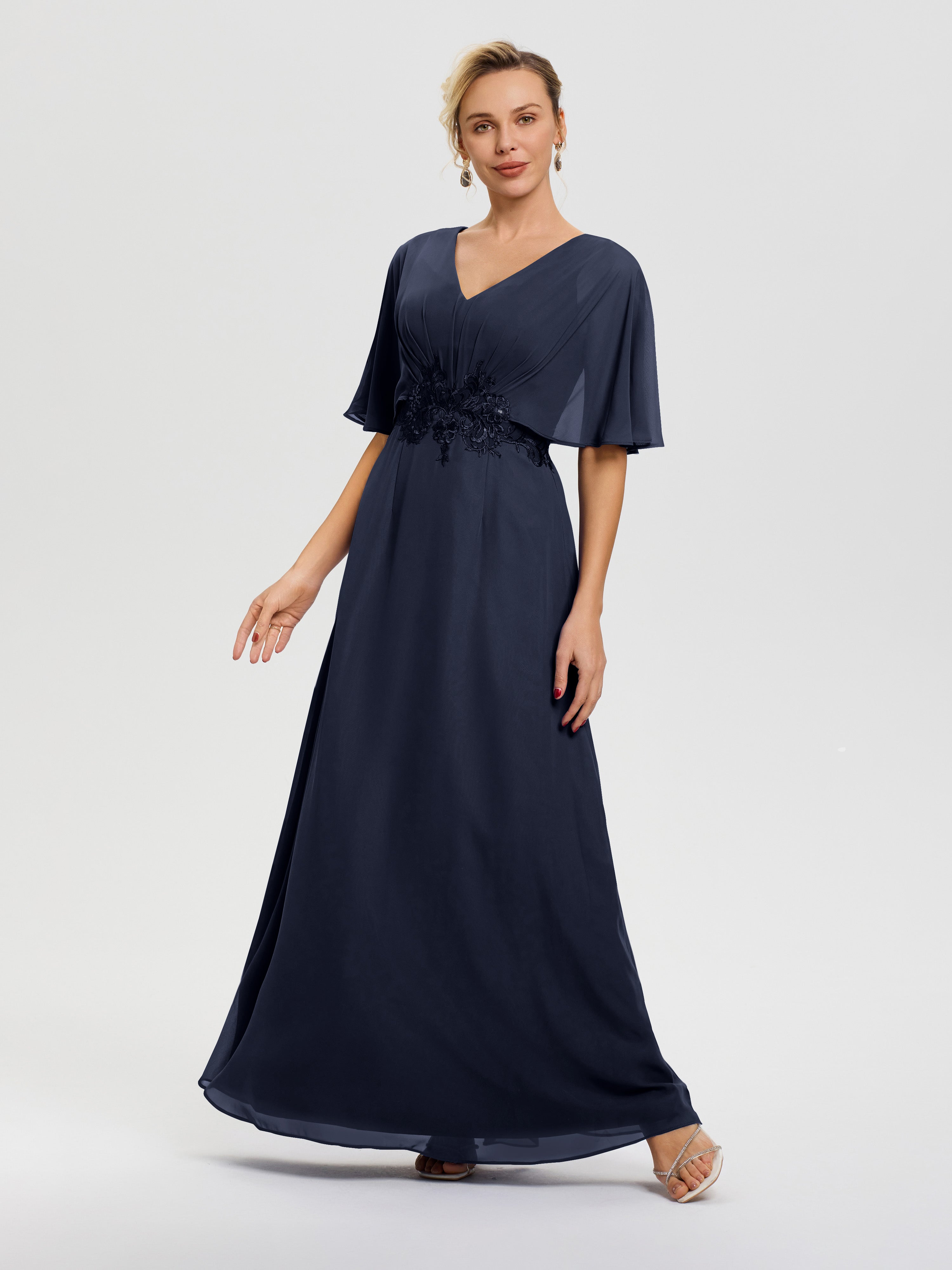 Navy Blue Mother Of The Bride Dress A-Line V-Neck Half Sleeves Appliques Waist Floor Length Chiffon Mother Of The Bride Dress Navy Blue Mother Of The Bride Dress A-Line V-Neck Half Sleeves Appliques Waist Floor Length Chiffon Mother Of The Bride Dress