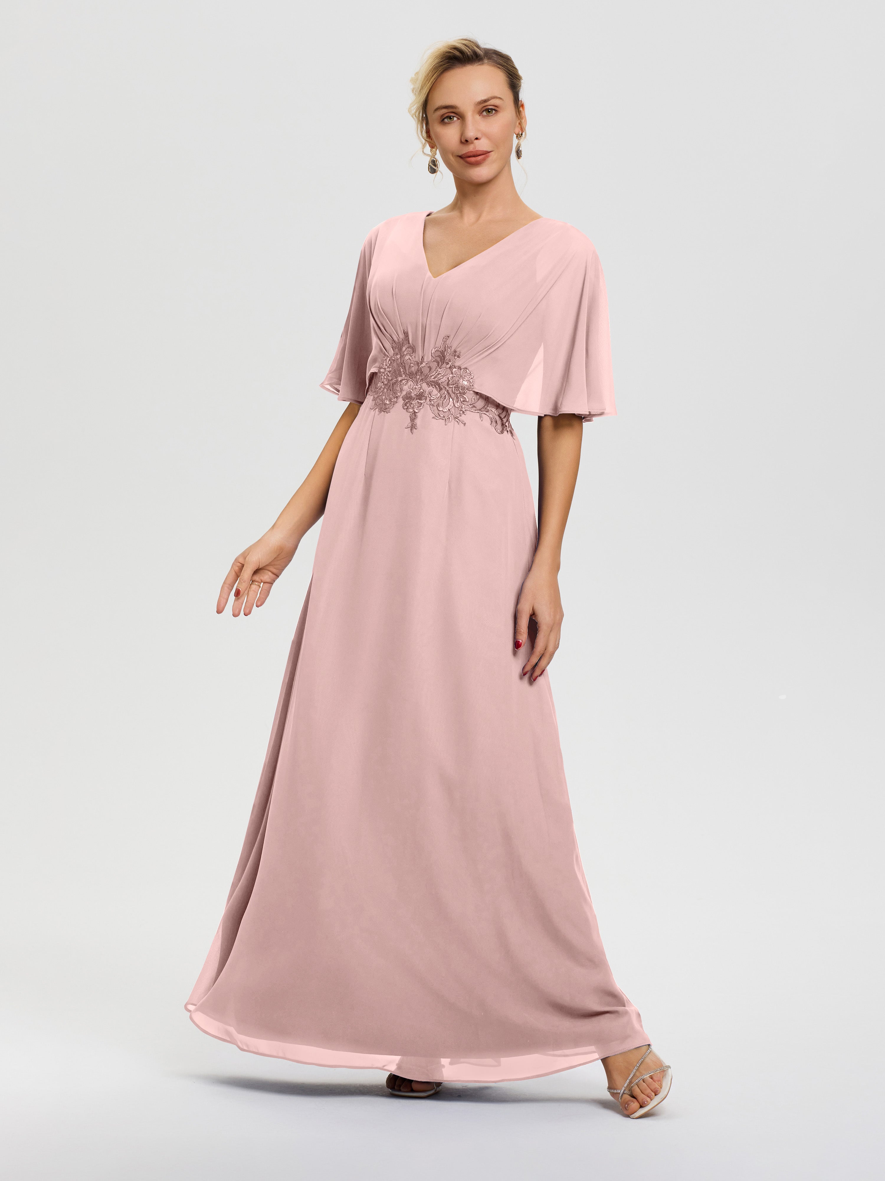 rose pink half sleeves dress Dusty Rose Mother Of The Bride Gowns A-Line V-Neck Half Sleeves Appliques Waist Floor Length Chiffon Mother Of The Bride Dress