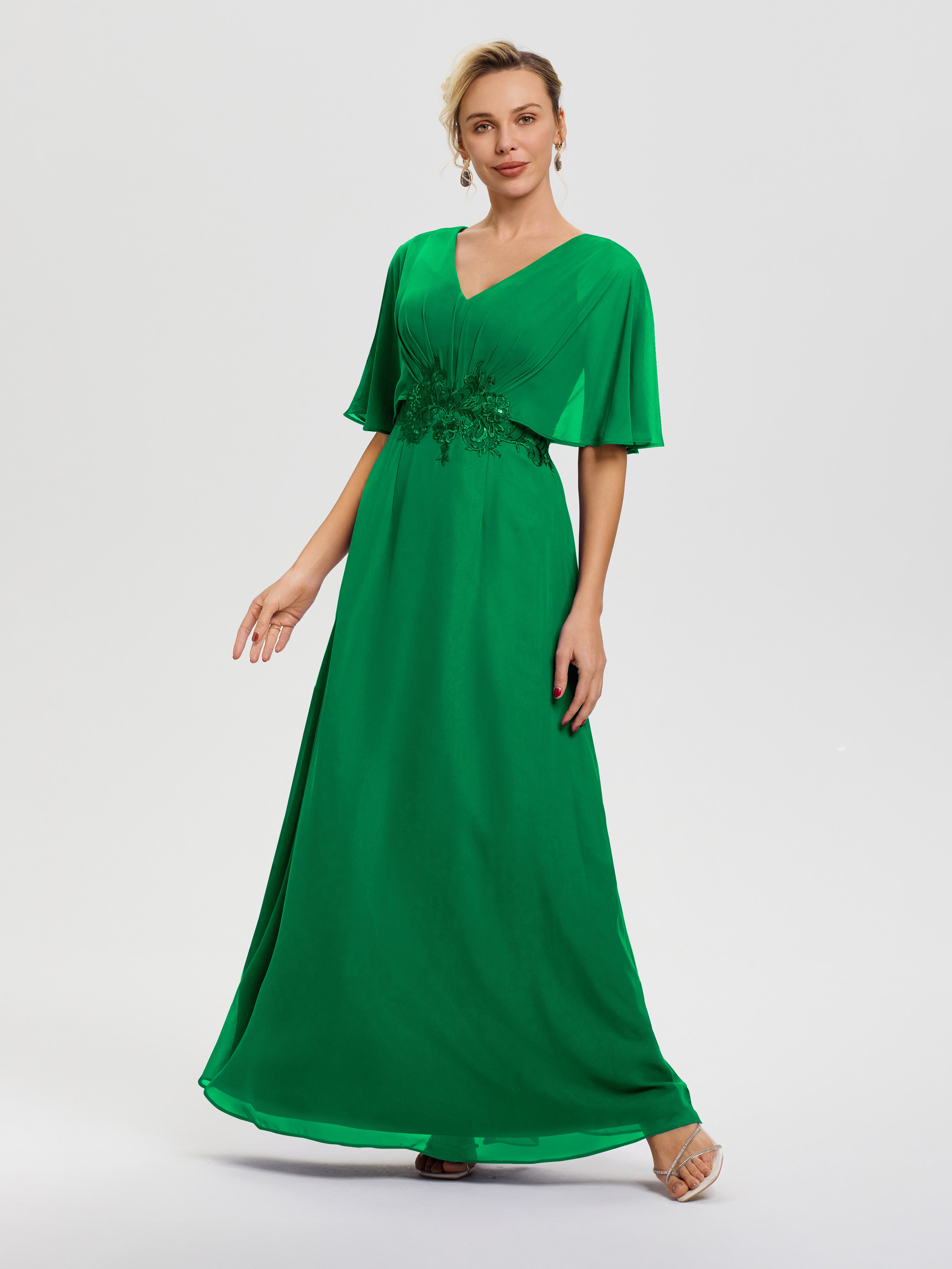 Emerald Green Mother Of The Bride Outfits A-Line V-Neck Half Sleeves A Emerald Green Mother Of The Bride Outfits A-Line V-Neck Half Sleeves A