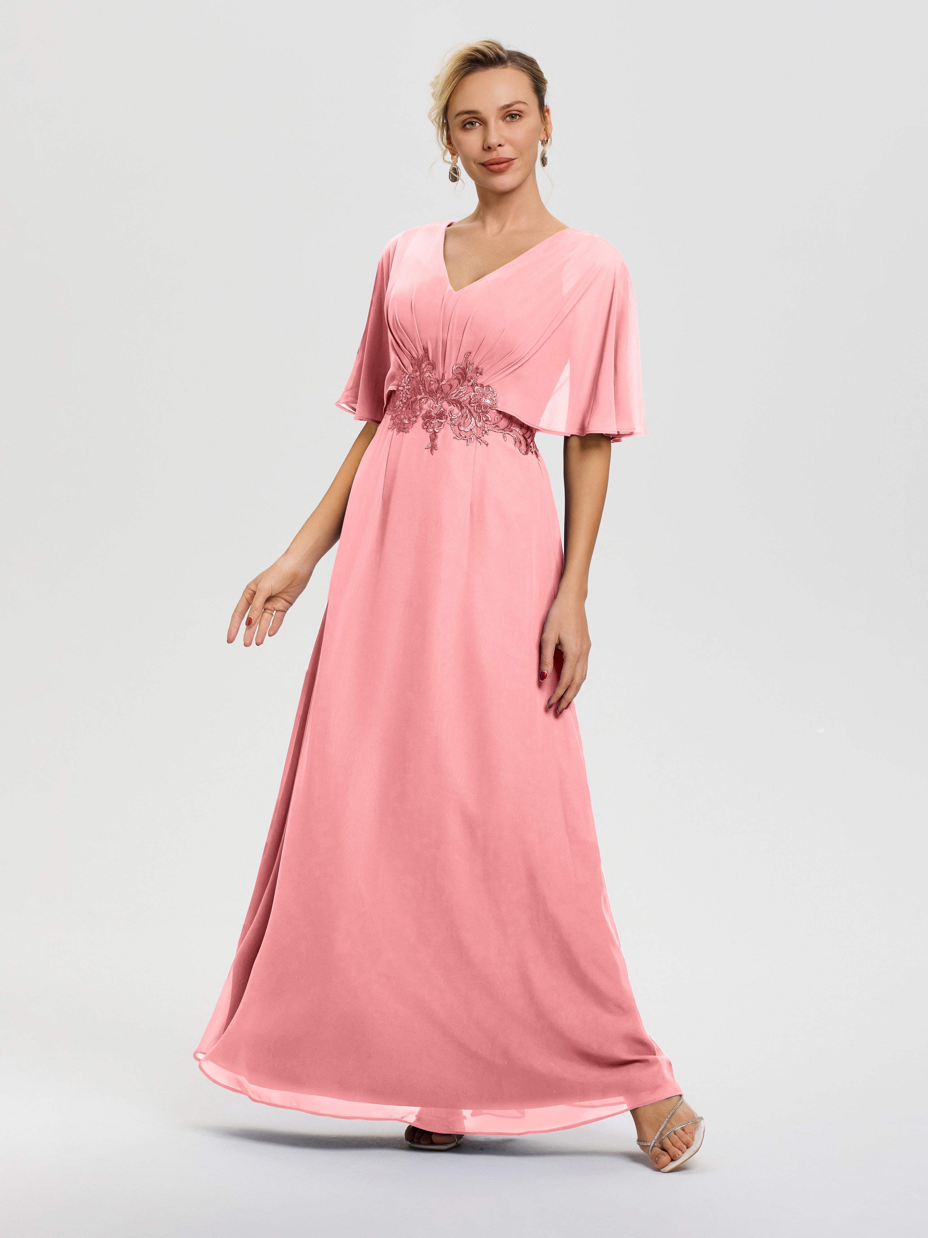Mother Of The Bride Dresses Flamingo A-Line V-Neck Half Sleeves Appliques Waist Floor Length Chiffon Mother Of The Bride Dress