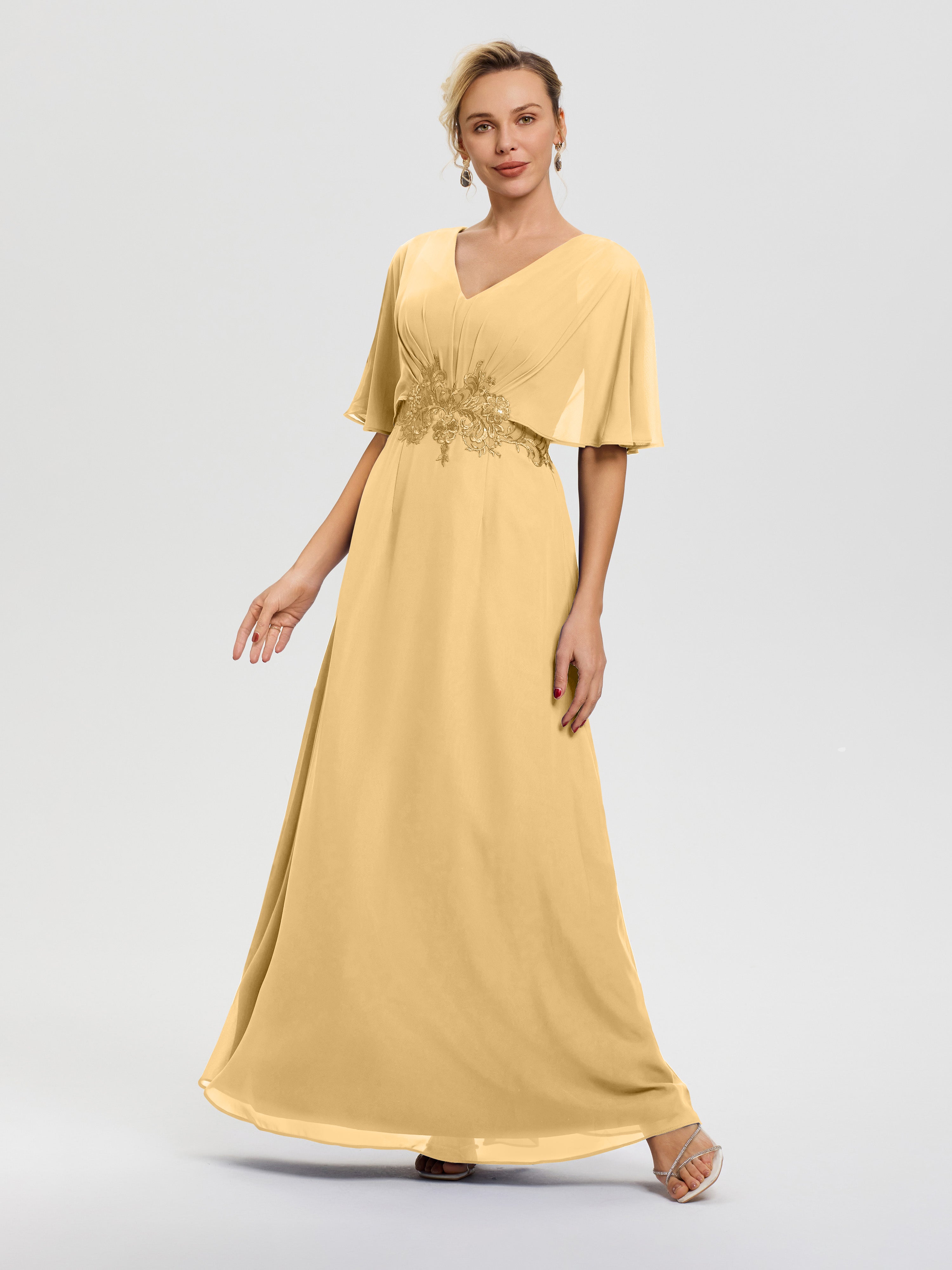 Mother Of The Bride Dresses In Gold A-Line V-Neck Half Sleeves Appliques Waist Floor Length Chiffon Mother Of The Bride Dress Mother Of The Bride Dresses In Gold A-Line V-Neck Half Sleeves Appliques Waist Floor Length Chiffon Mother Of The Bride Dress