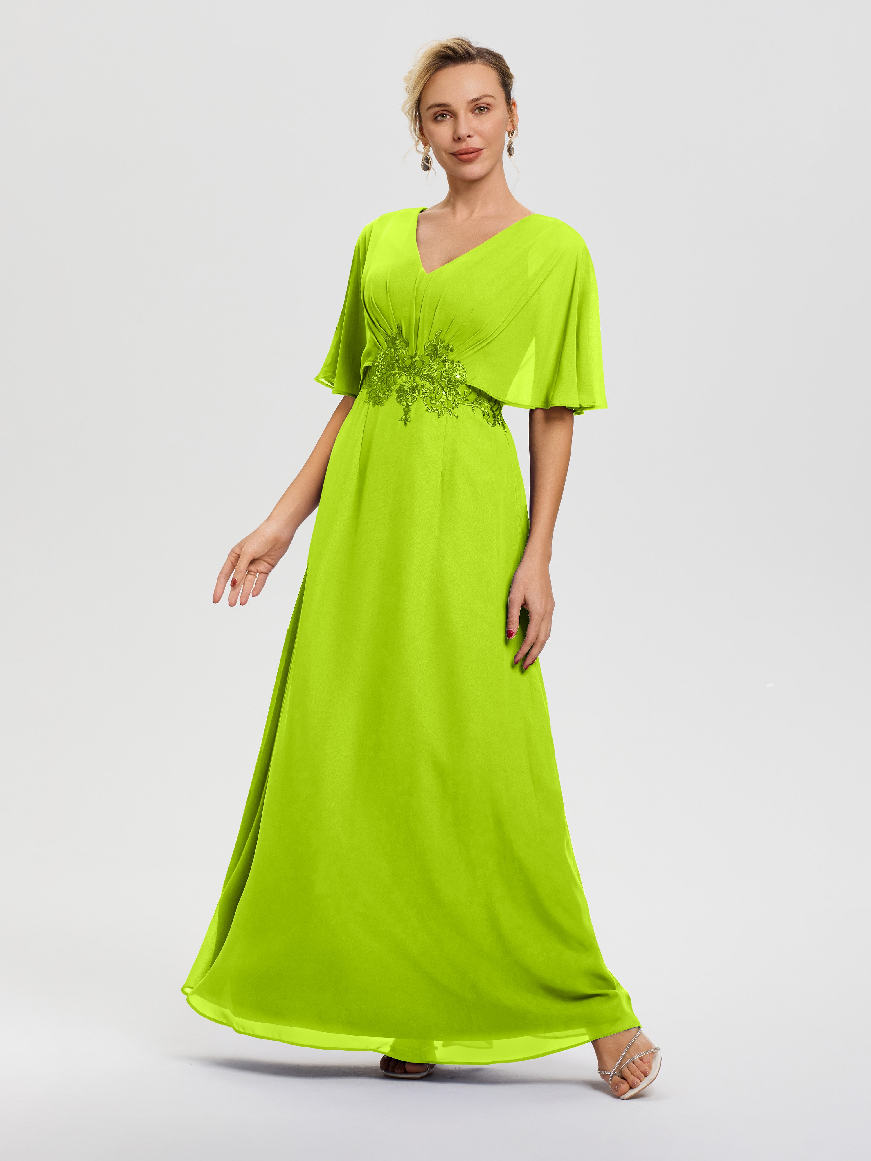 Lime Green Mother Of The Bride Dresses A-Line V-Neck Half Sleeves Appliques Waist Floor Length Chiffon Mother Of The Bride Dress Lime Green Mother Of The Bride Dresses A-Line V-Neck Half Sleeves Appliques Waist Floor Length Chiffon Mother Of The Bride Dress