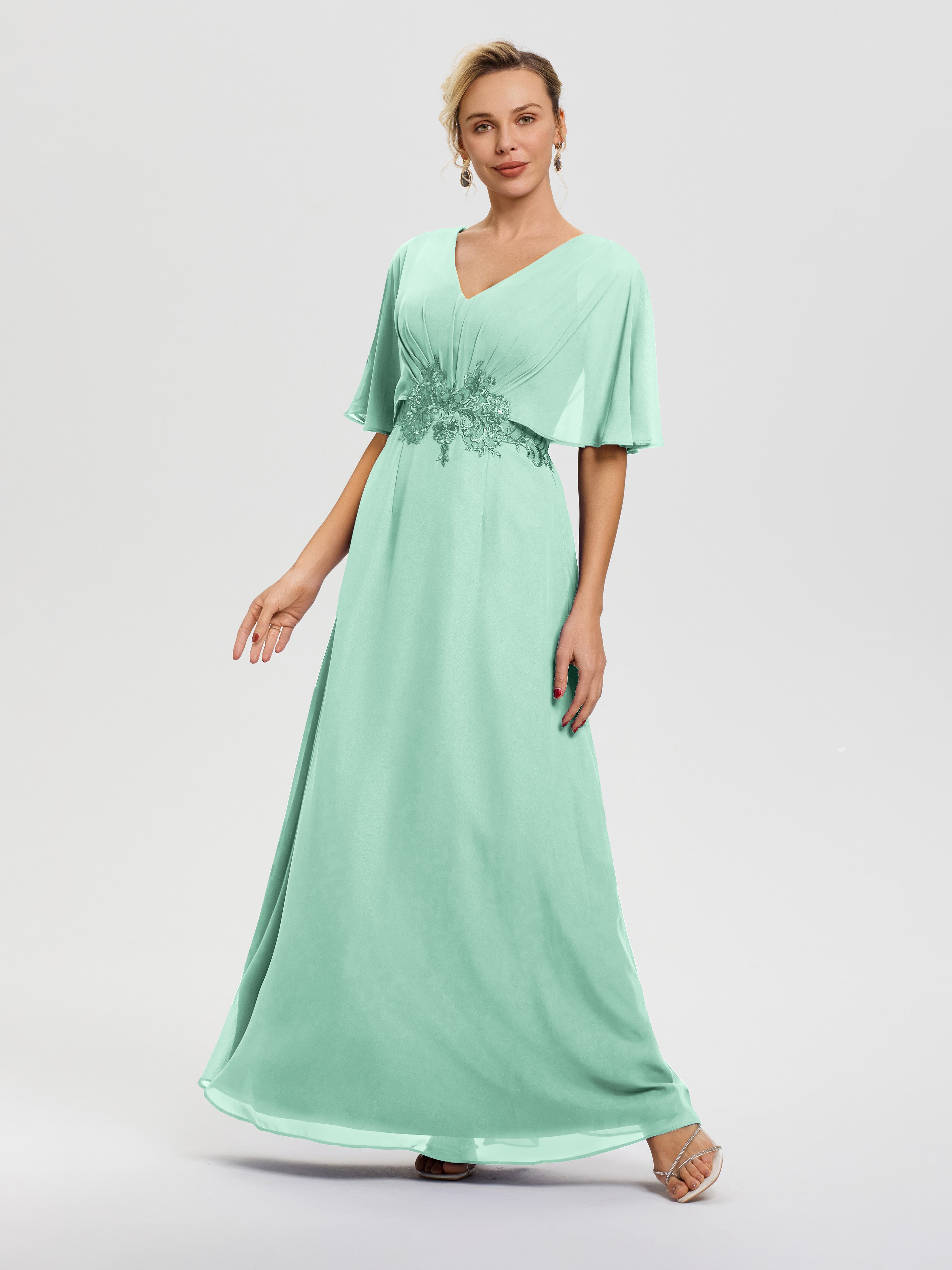 Mother Of The Bride Dresses Mint Green A-Line V-Neck Half Sleeves Appliques Waist Floor Length Chiffon Mother Of The Bride Dress Mother Of The Bride Dresses Mint Green A-Line V-Neck Half Sleeves Appliques Waist Floor Length Chiffon Mother Of The Bride Dress