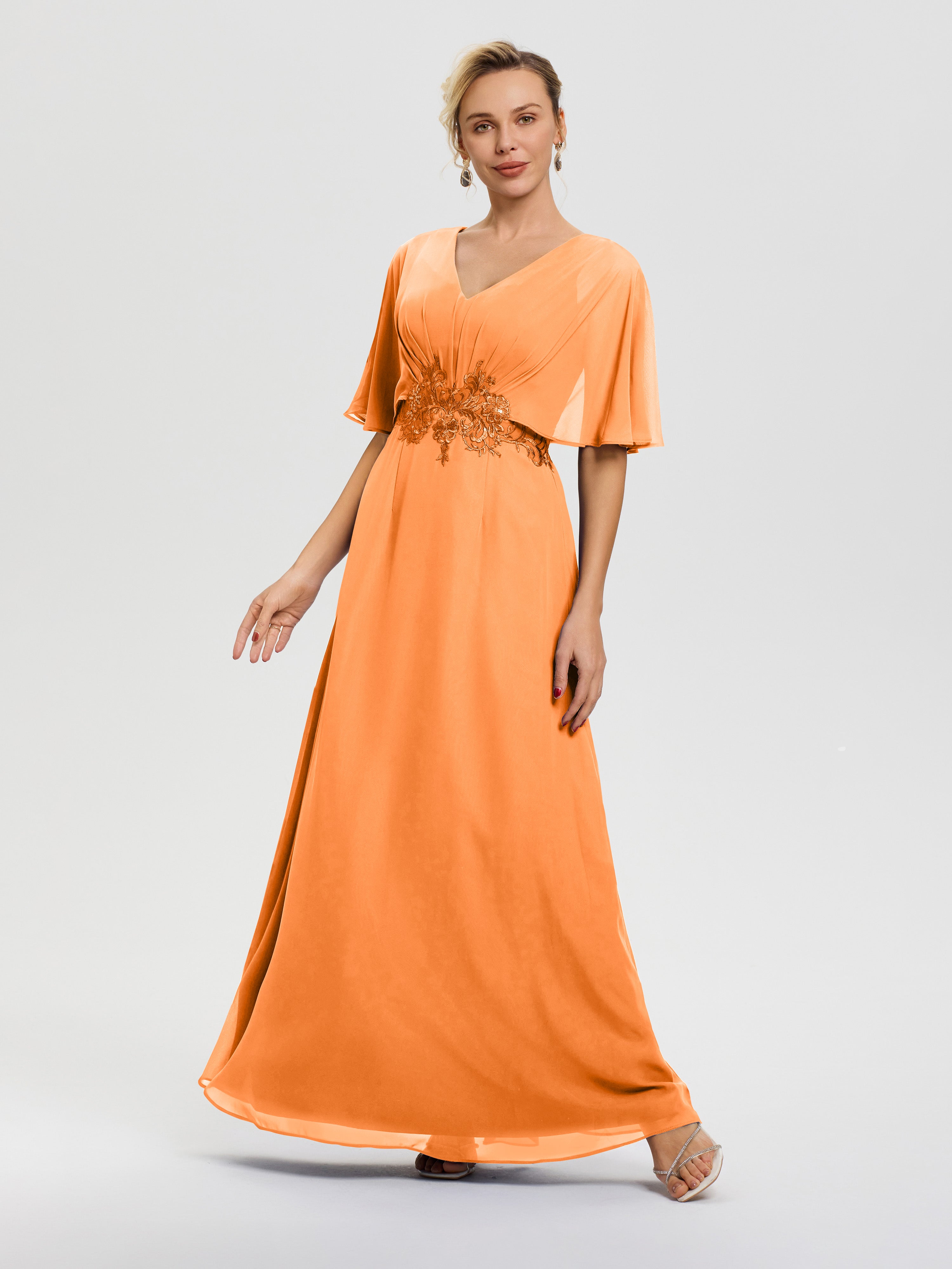 orange mother of the bride dresses Orange Mother Of Bride Dress A-Line V-Neck Half Sleeves Appliques Waist Floor Length Chiffon Mother Of The Bride Dress