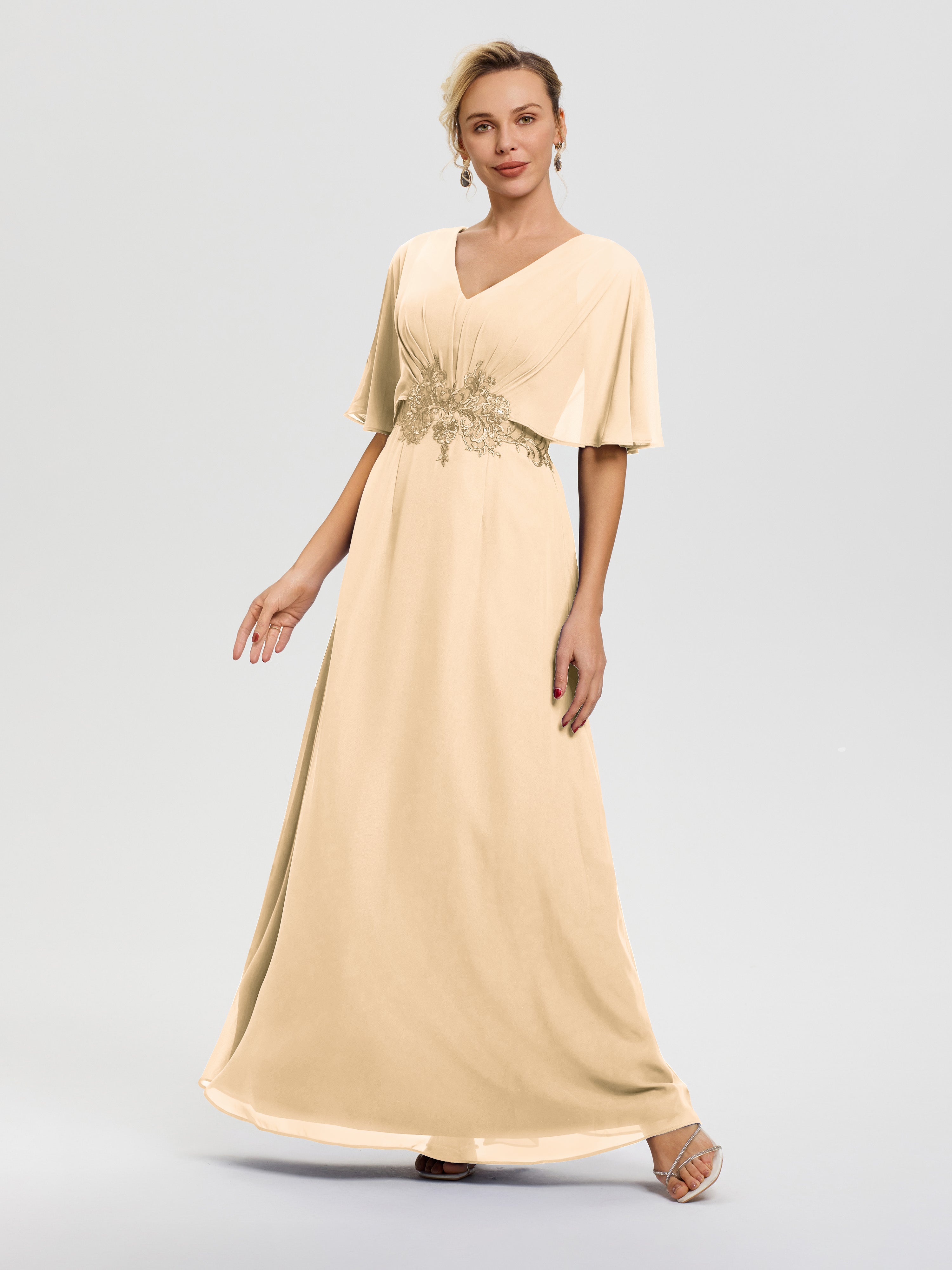 Peach Colored Mother Of The Bride Dresses A-Line V-Neck Half Sleeves Appliques Waist Floor Length Chiffon Mother Of The Bride Dress