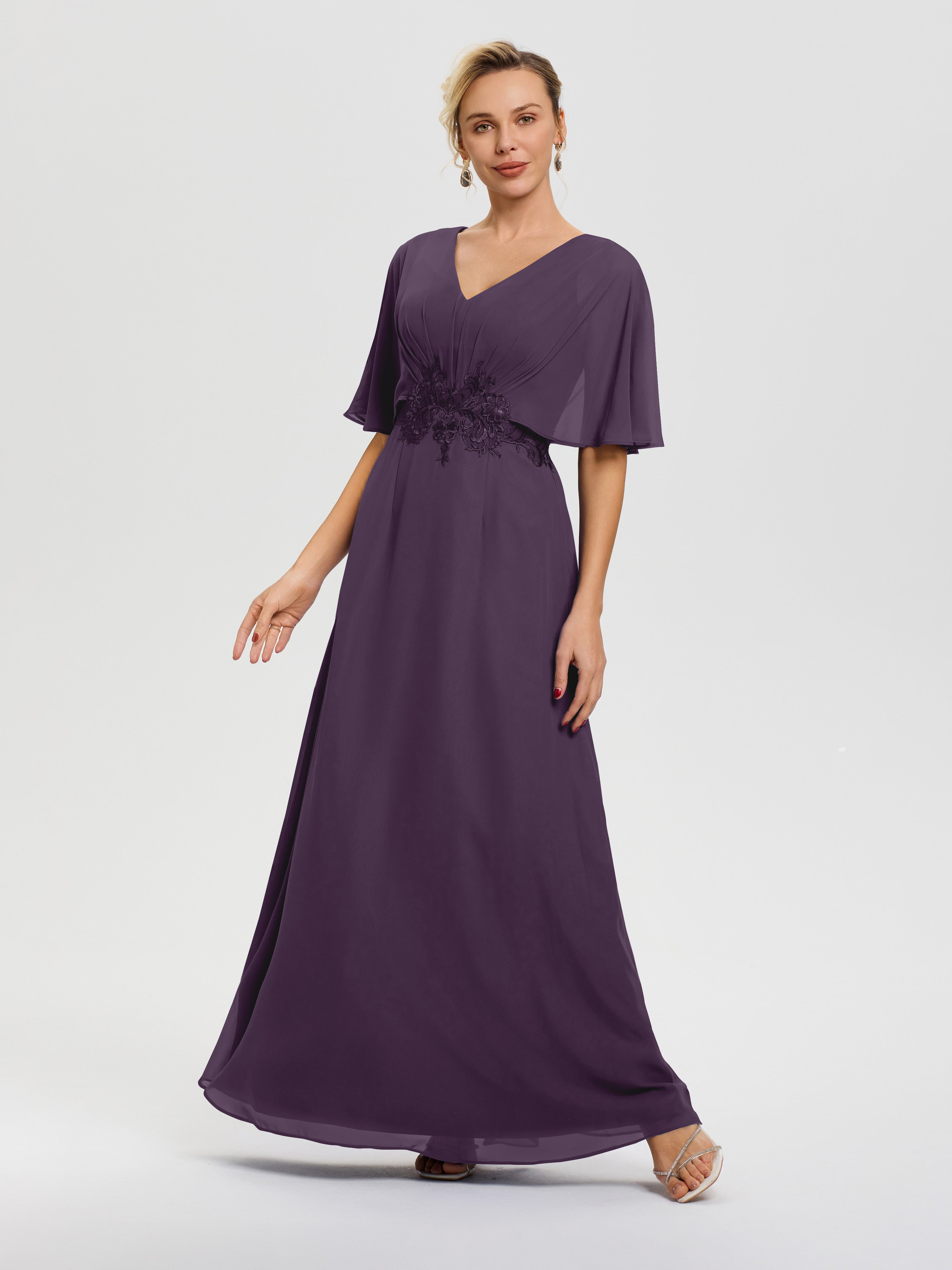 Plum Mother of Bride Dress A-Line V-Neck Half Sleeves Appliques Waist Floor Length Chiffon Mother of The Bride Dress Plum Mother of Bride Dress A-Line V-Neck Half Sleeves Appliques Waist Floor Length Chiffon Mother of The Bride Dress
