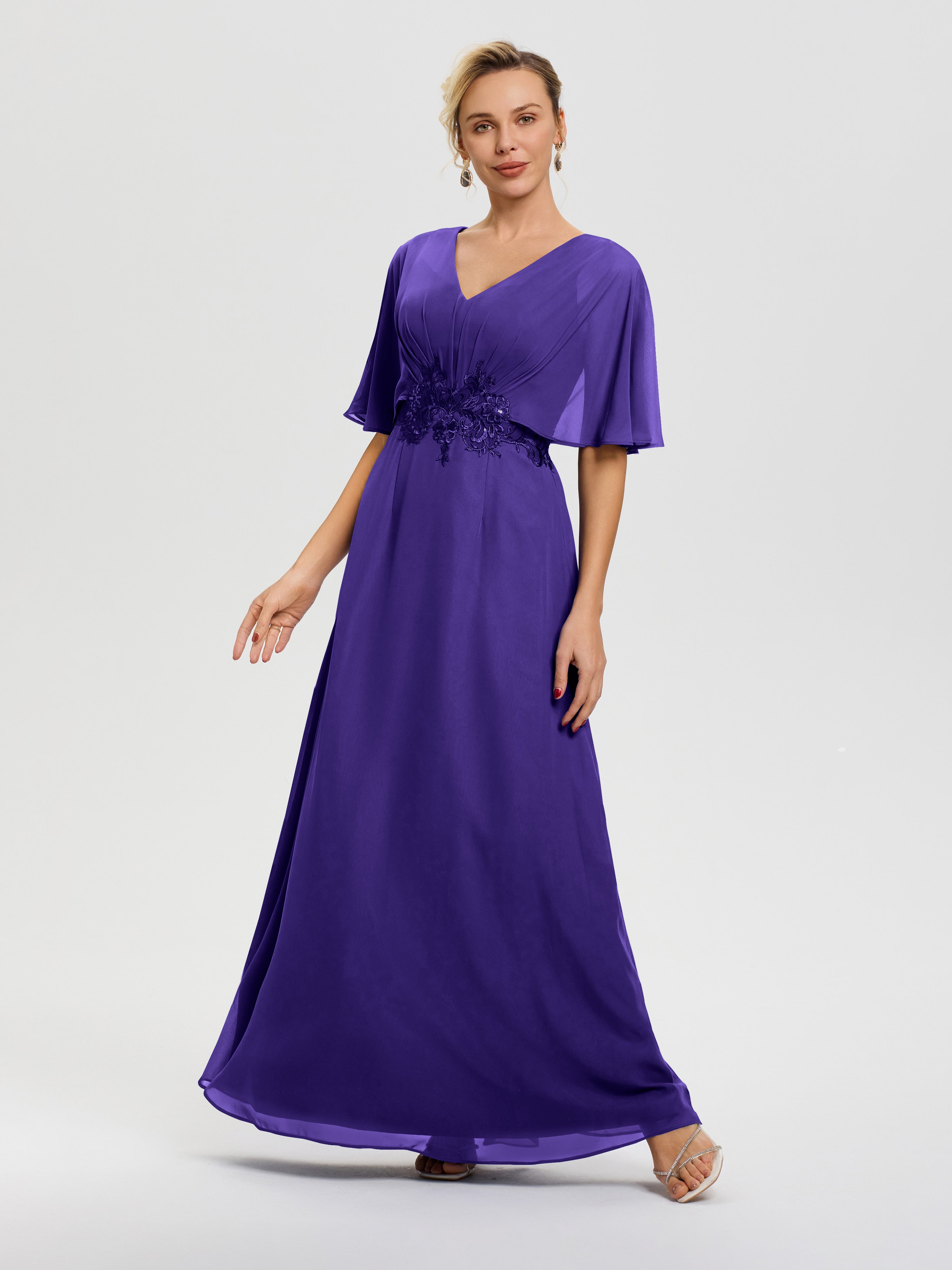 Long Regency Mother of The Bride Dresses A-Line V-Neck Half Sleeves Appliques Waist Floor Length Chiffon Mother of The Bride Dress Long Regency Mother of The Bride Dresses A-Line V-Neck Half Sleeves Appliques Waist Floor Length Chiffon Mother of The Bride Dress