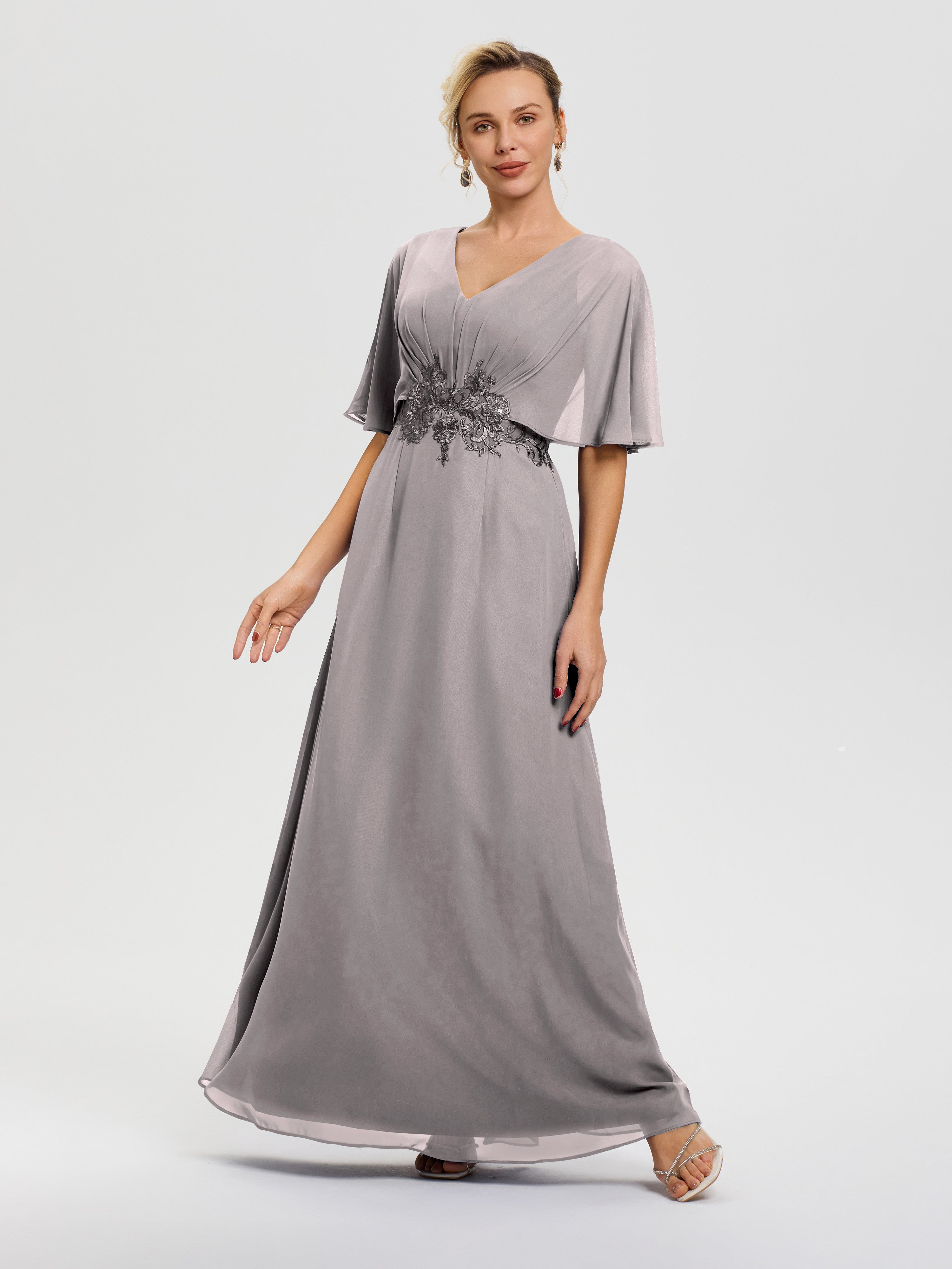 Silver Mother Of The Bride Short Dresses A-Line V-Neck Half Sleeves Appliques Waist Floor Length Chiffon Mother Of The Bride Dress Silver Mother Of The Bride Short Dresses A-Line V-Neck Half Sleeves Appliques Waist Floor Length Chiffon Mother Of The Bride Dress