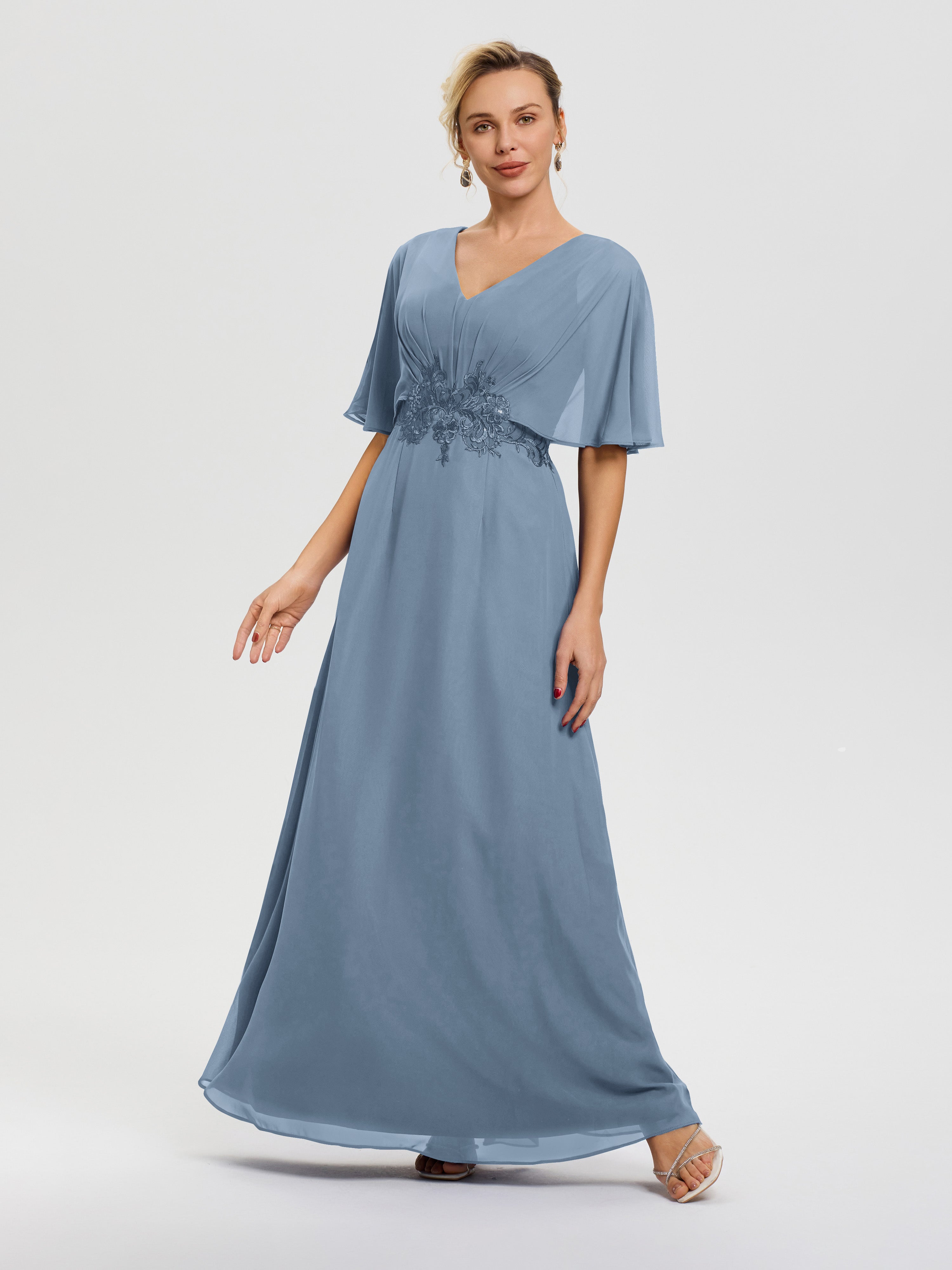 long dresses with half sleeves Ever-Pretty Floor Length Empire Waist Lace Evening Dress with Half Sleeve
