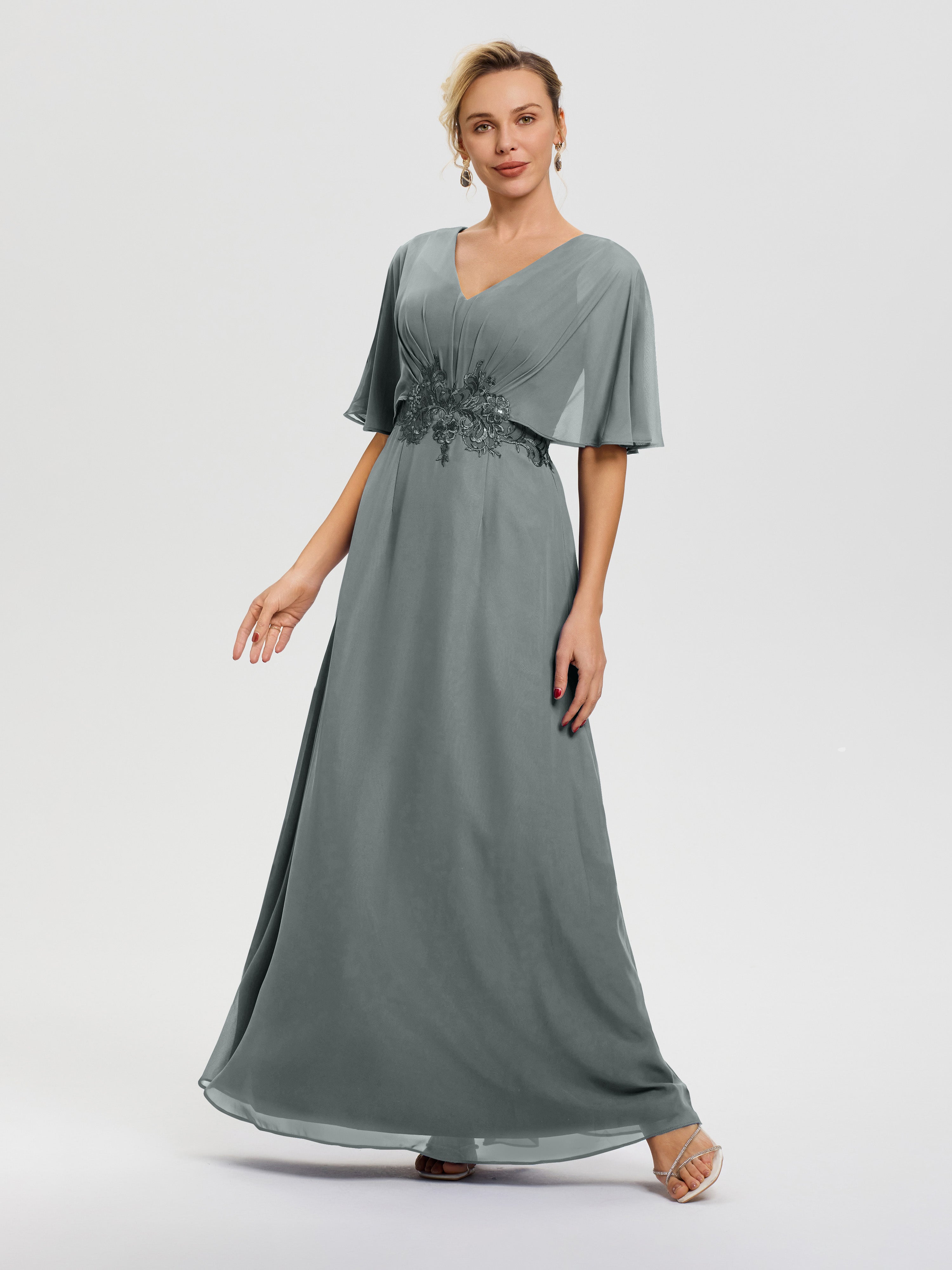 Mother Of The Bride Dresses In Steel Grey A-Line V-Neck Half Sleeves Appliques Waist Floor Length Chiffon Mother Of The Bride Dress Mother Of The Bride Dresses In Steel Grey A-Line V-Neck Half Sleeves Appliques Waist Floor Length Chiffon Mother Of The Bride Dress