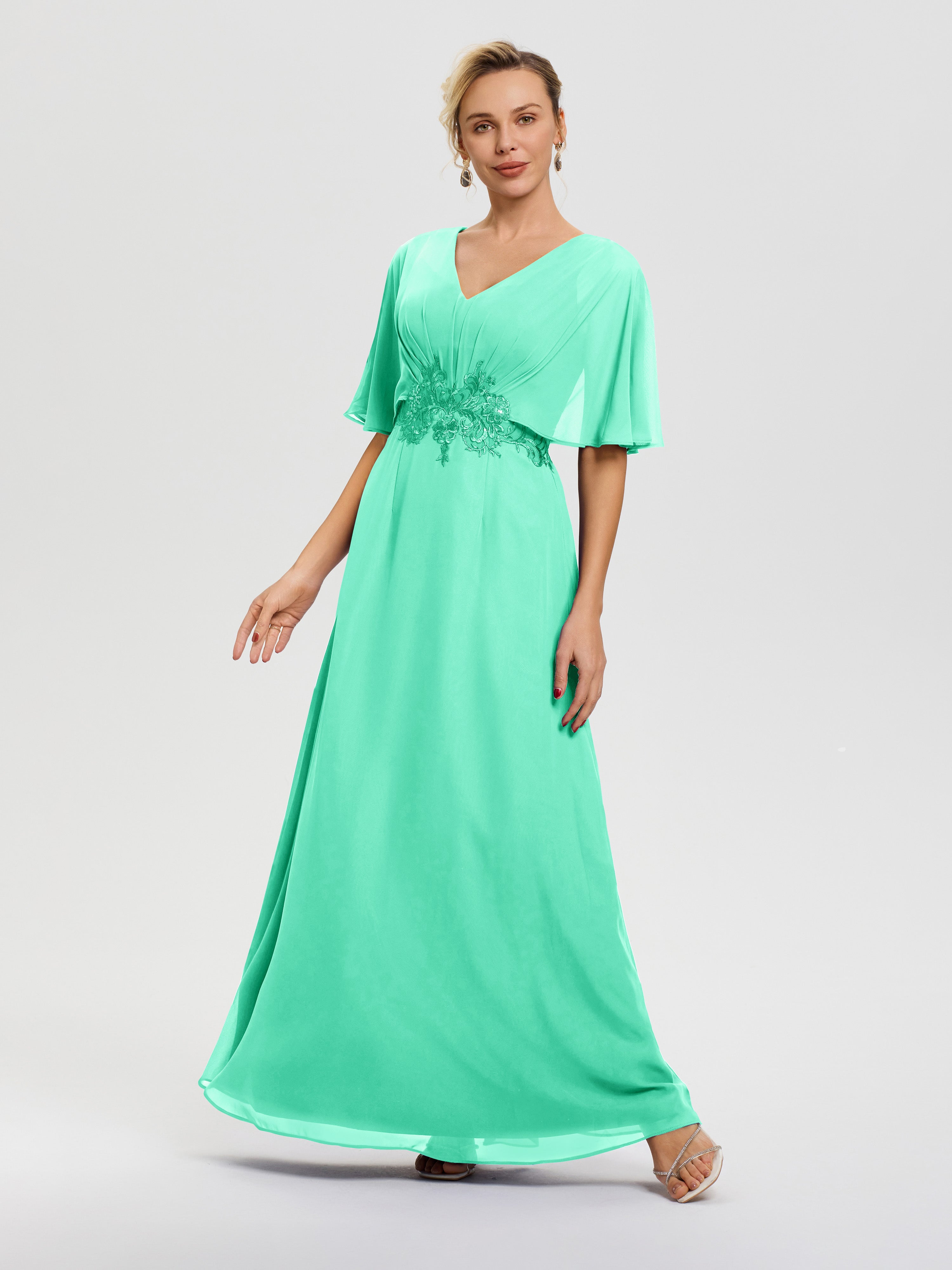 Turquoise Mother Of The Bride Dress A-Line V-Neck Half Sleeves Appliques Waist Floor Length Chiffon Mother Of The Bride Dress