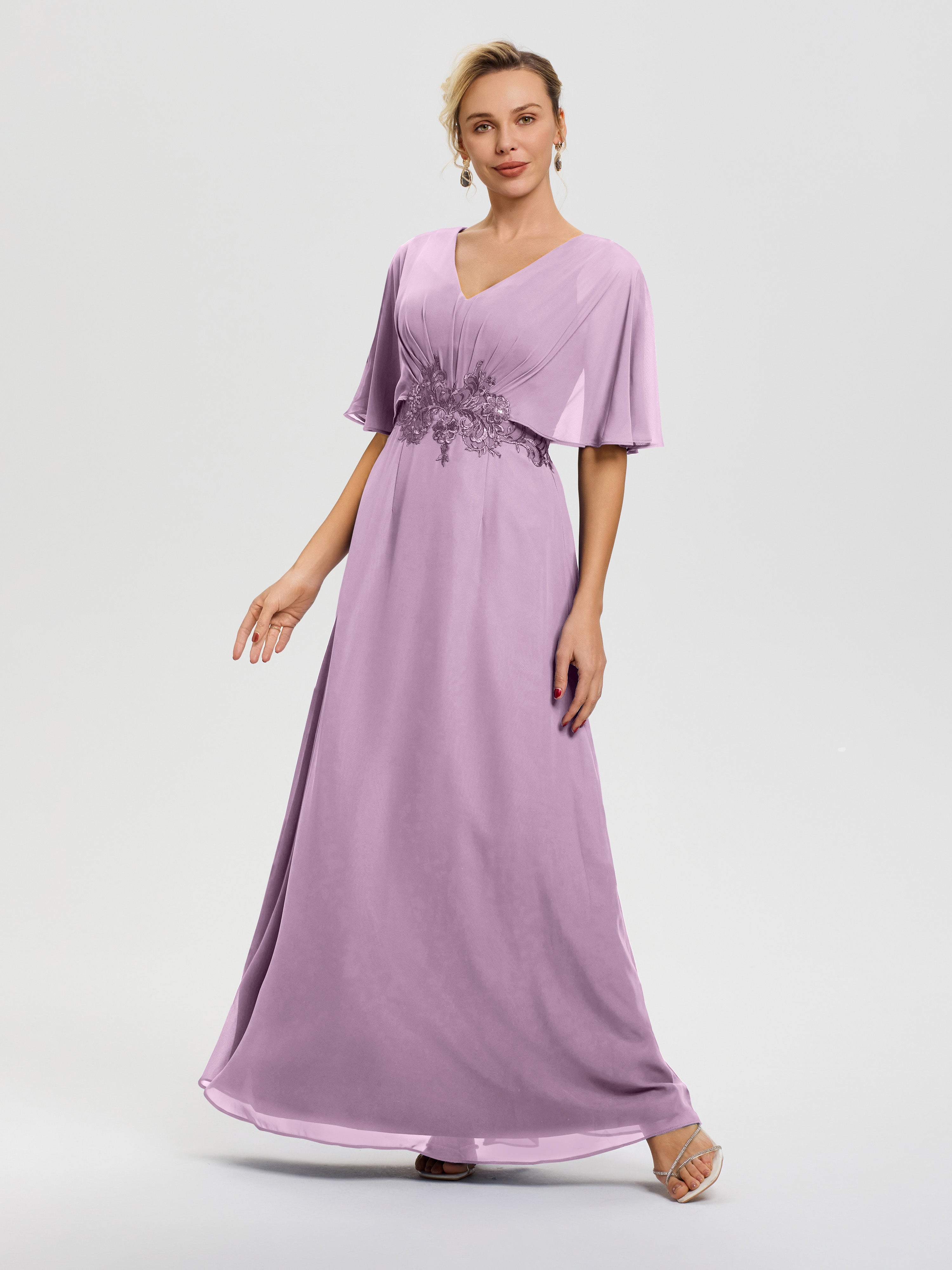 Wisteria Mother Of Bride Dress A-Line V-Neck Half Sleeves Appliques Waist Floor Length Chiffon Mother Of The Bride Dress