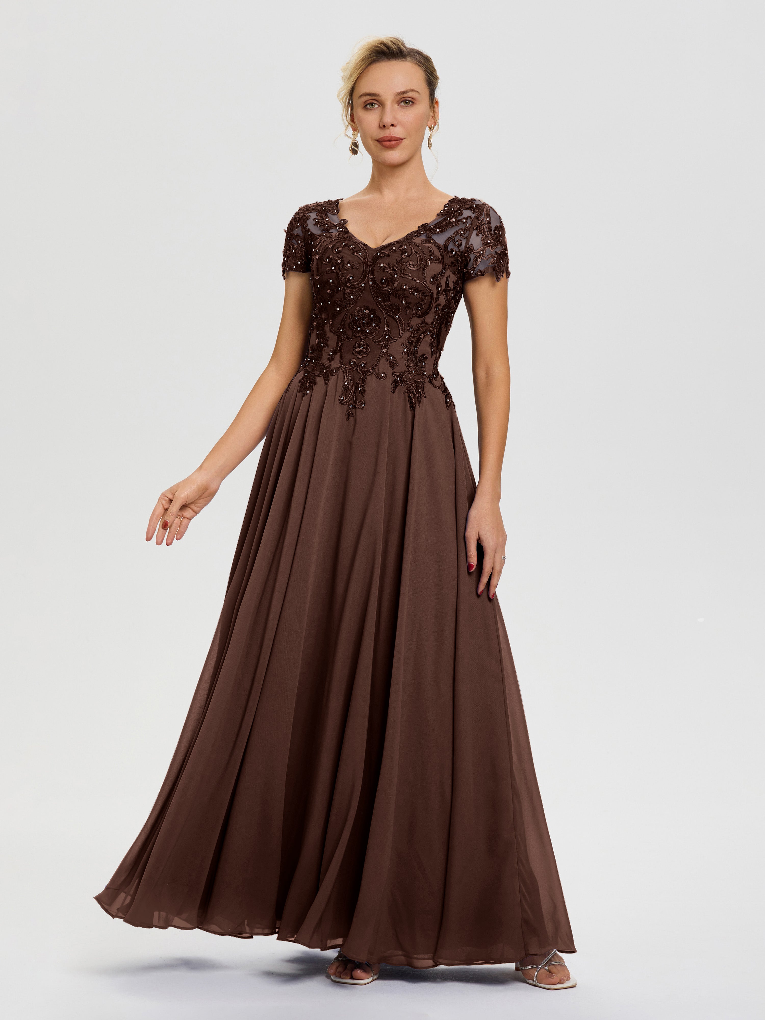 Mother Of The Bride Dresses Chocolate Brown A-Line Lace Sleeves V-Neck Mother Of The Bride Dresses Chocolate Brown A-Line Lace Sleeves V-Neck