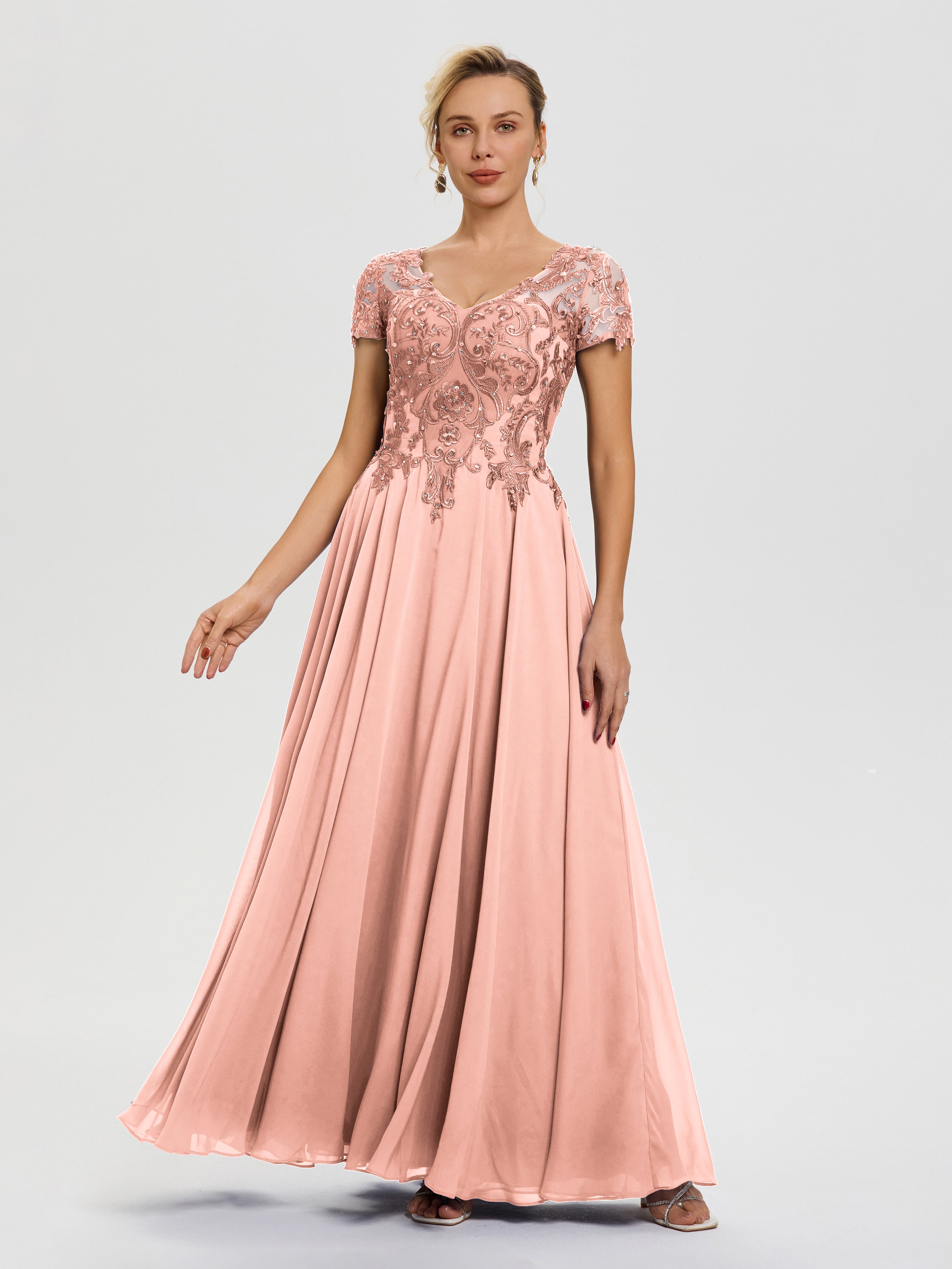 Mother Of The Bride Dress In Coral A-Line Lace Sleeves V-Neck Long Chiffon Mother Of The Bride Dress Mother Of The Bride Dress In Coral A-Line Lace Sleeves V-Neck Long Chiffon Mother Of The Bride Dress
