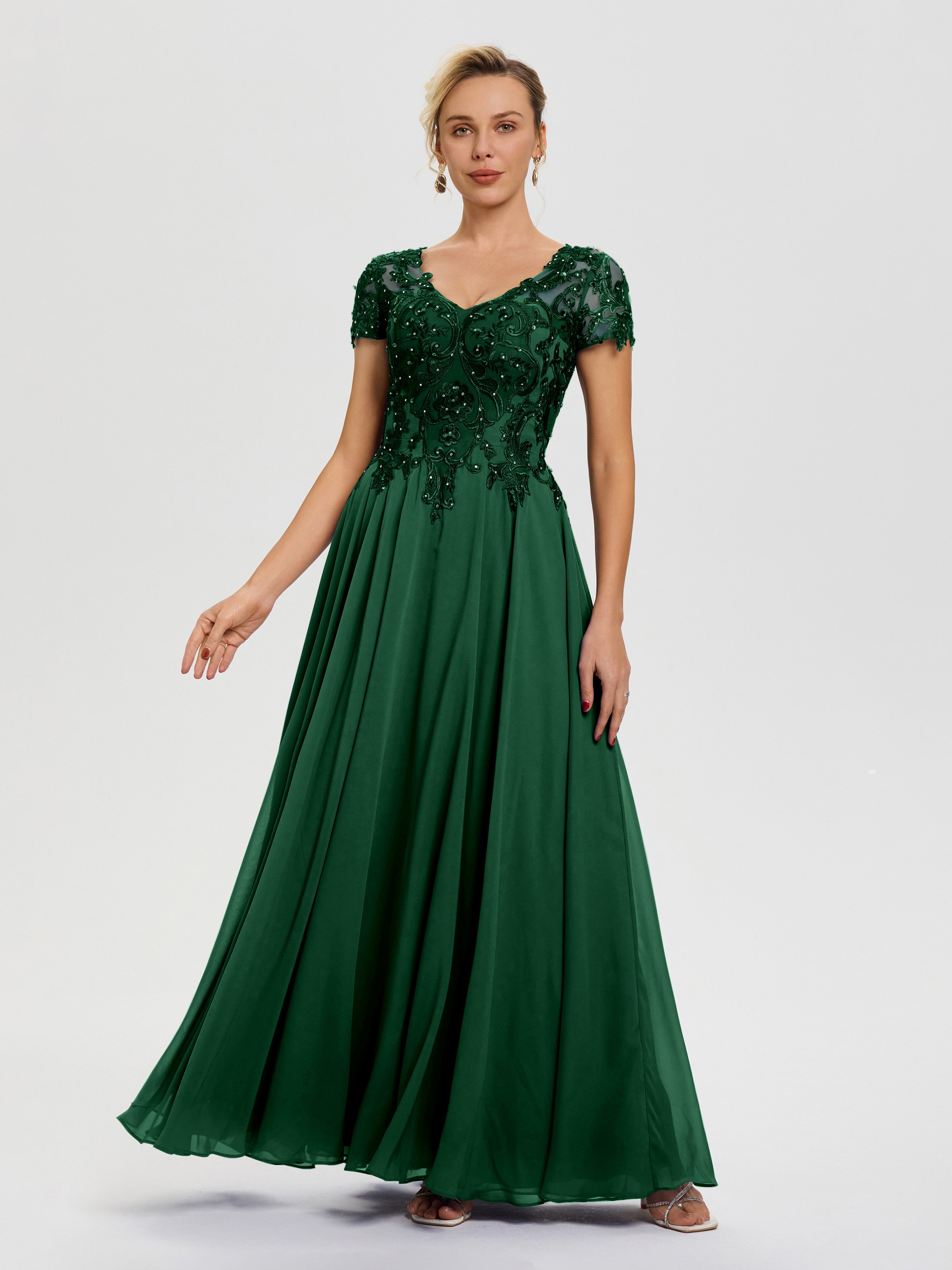 Dark Green Mother of The Bride A-Line Lace Sleeves V-Neck Long Chiffon Mother of The Bride Dress Dark Green Mother of The Bride A-Line Lace Sleeves V-Neck Long Chiffon Mother of The Bride Dress