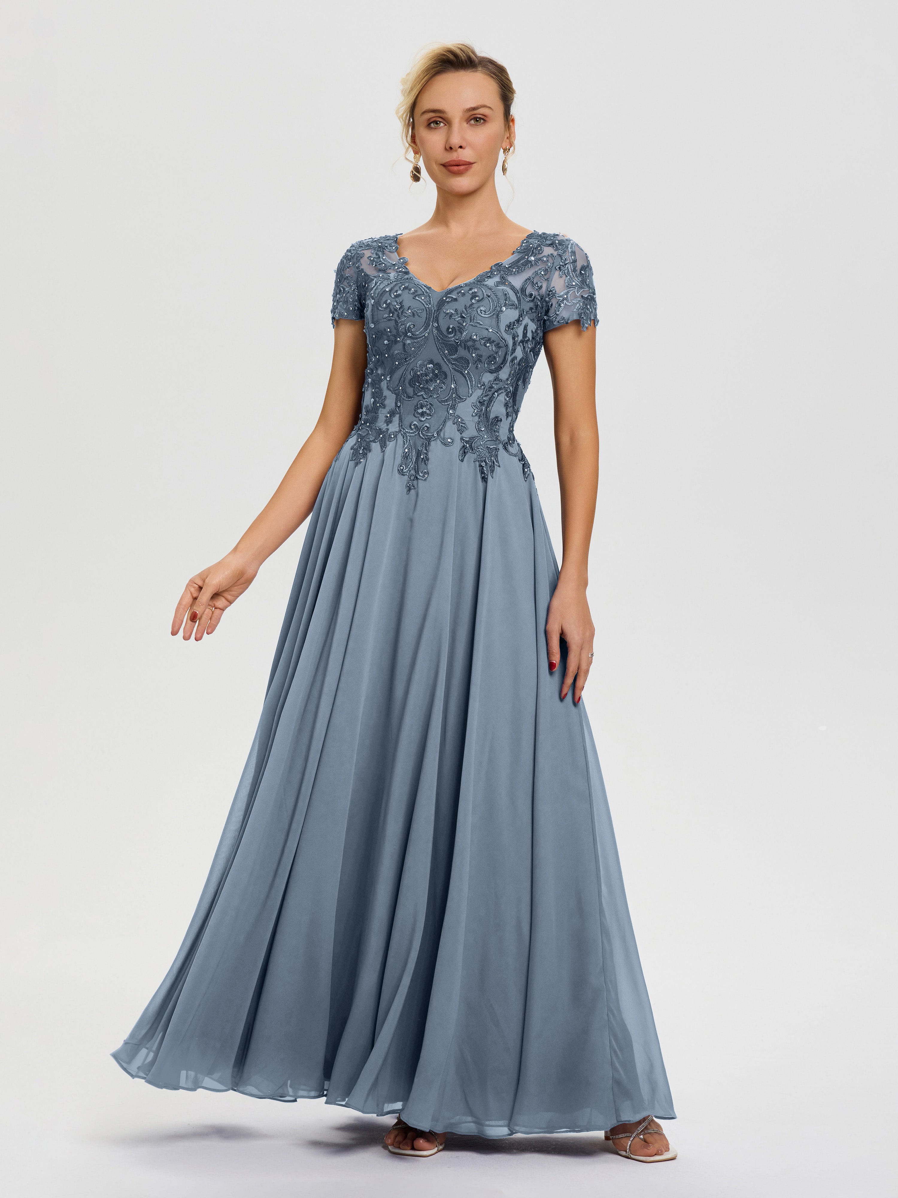 Dusty Blue Dress For Mother Of The Bride A-Line Lace Sleeves V-Neck Long Chiffon Mother Of The Bride Dress Dusty Blue Dress For Mother Of The Bride A-Line Lace Sleeves V-Neck Long Chiffon Mother Of The Bride Dress