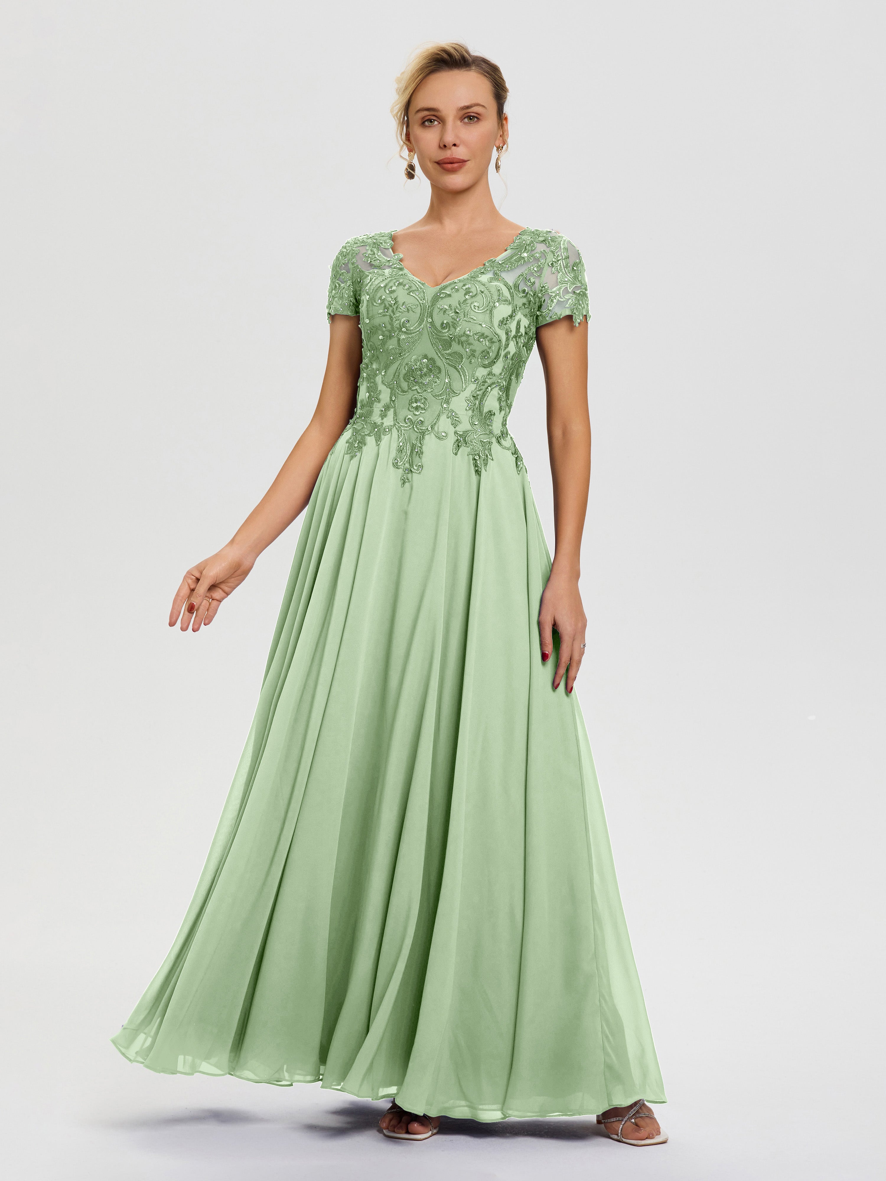 Dusty Sage Mother Of The Bride Dress A-Line Lace Sleeves V-Neck Long C Dusty Sage Mother Of The Bride Dress A-Line Lace Sleeves V-Neck Long C