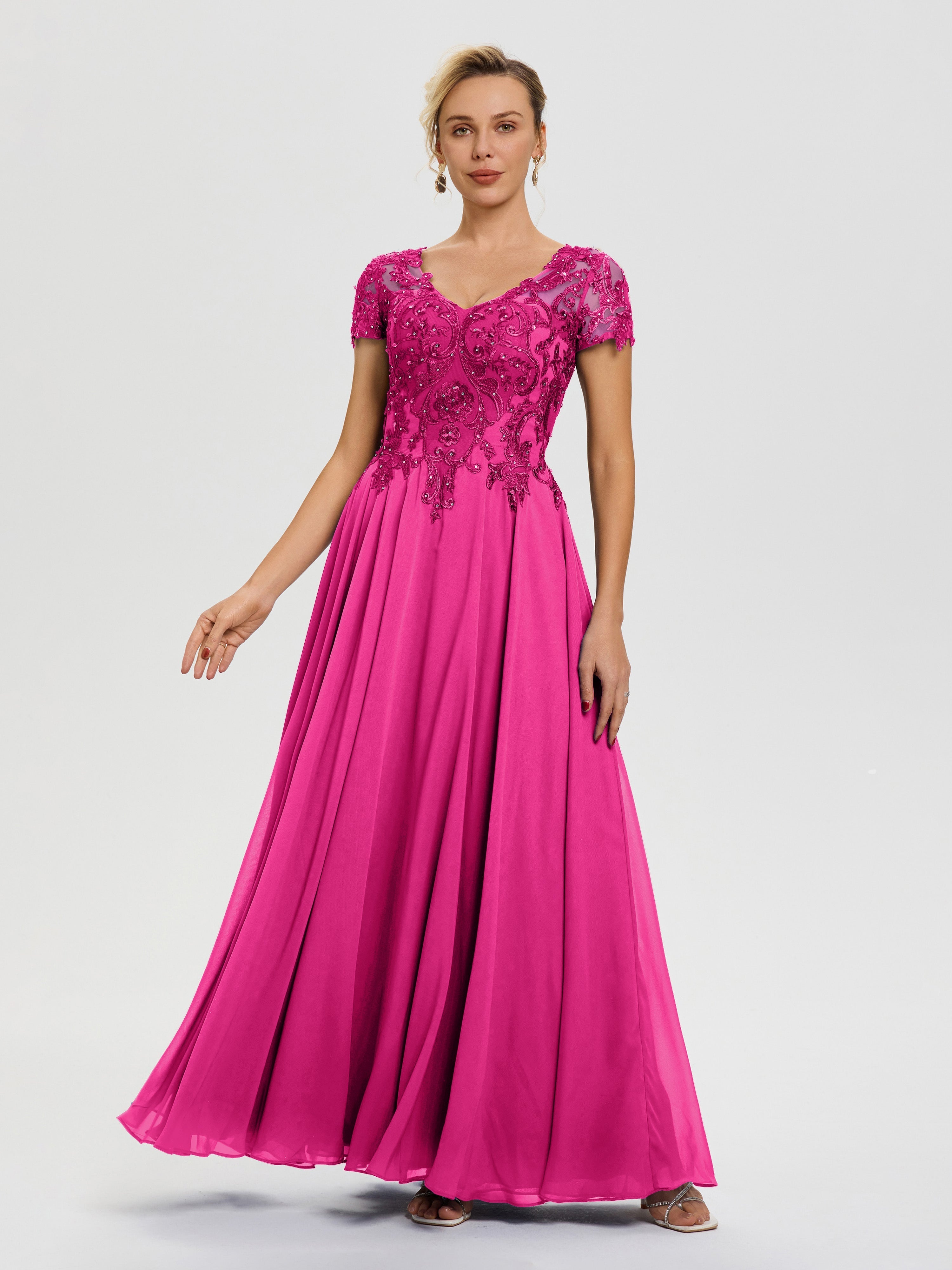 Mother Of The Bride Fuchsia Dresses A-Line Lace Sleeves V-Neck Long Ch Mother Of The Bride Fuchsia Dresses A-Line Lace Sleeves V-Neck Long Ch