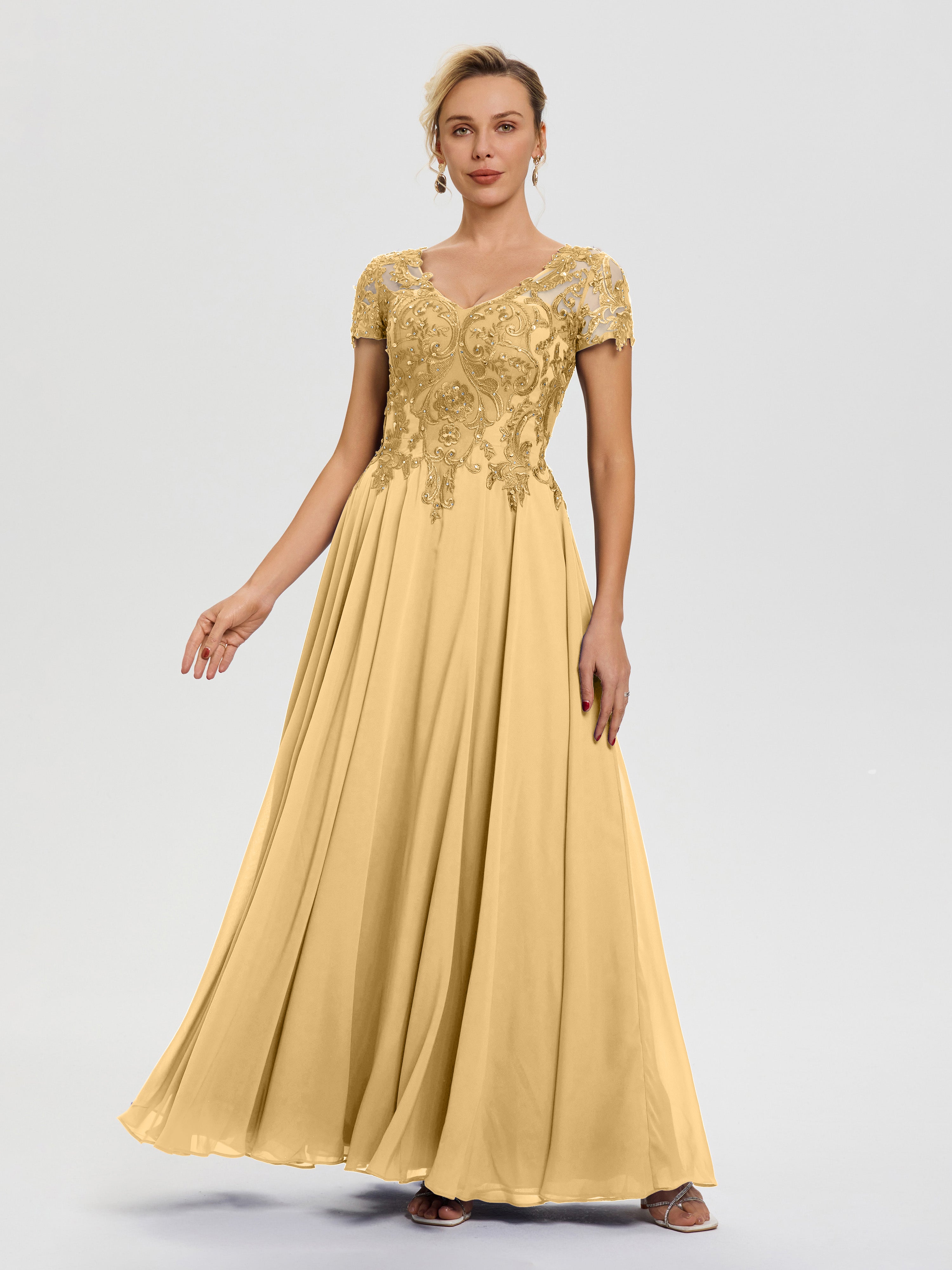 Mother Of Bride Dresses Gold A-Line Lace Sleeves V-Neck Long Chiffon Mother Of The Bride Dress Mother Of Bride Dresses Gold A-Line Lace Sleeves V-Neck Long Chiffon Mother Of The Bride Dress