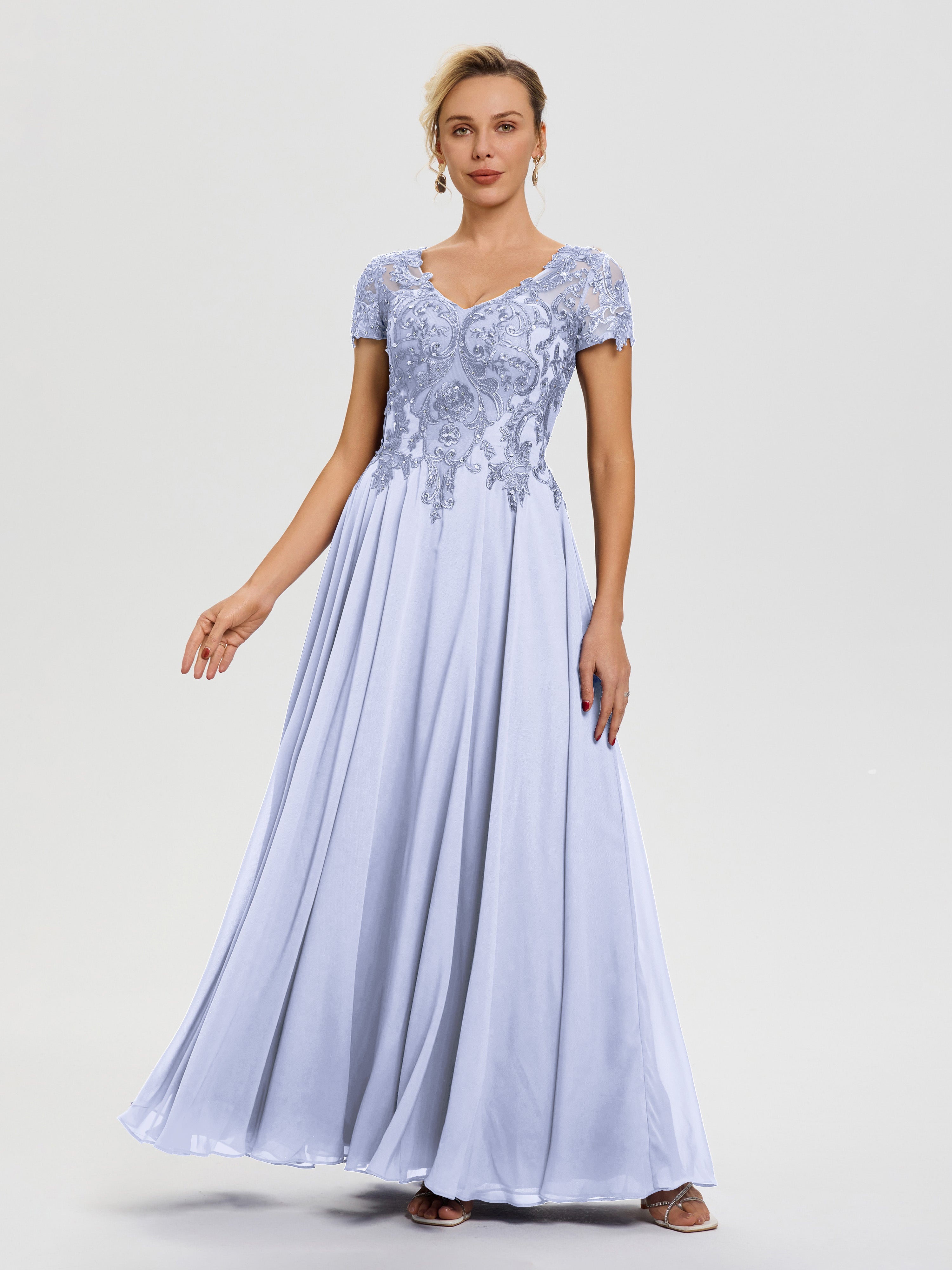 Lavender Mother Of Bride Dresses A-Line Lace Sleeves V-Neck Long Chiff Lavender Mother Of Bride Dresses A-Line Lace Sleeves V-Neck Long Chiff