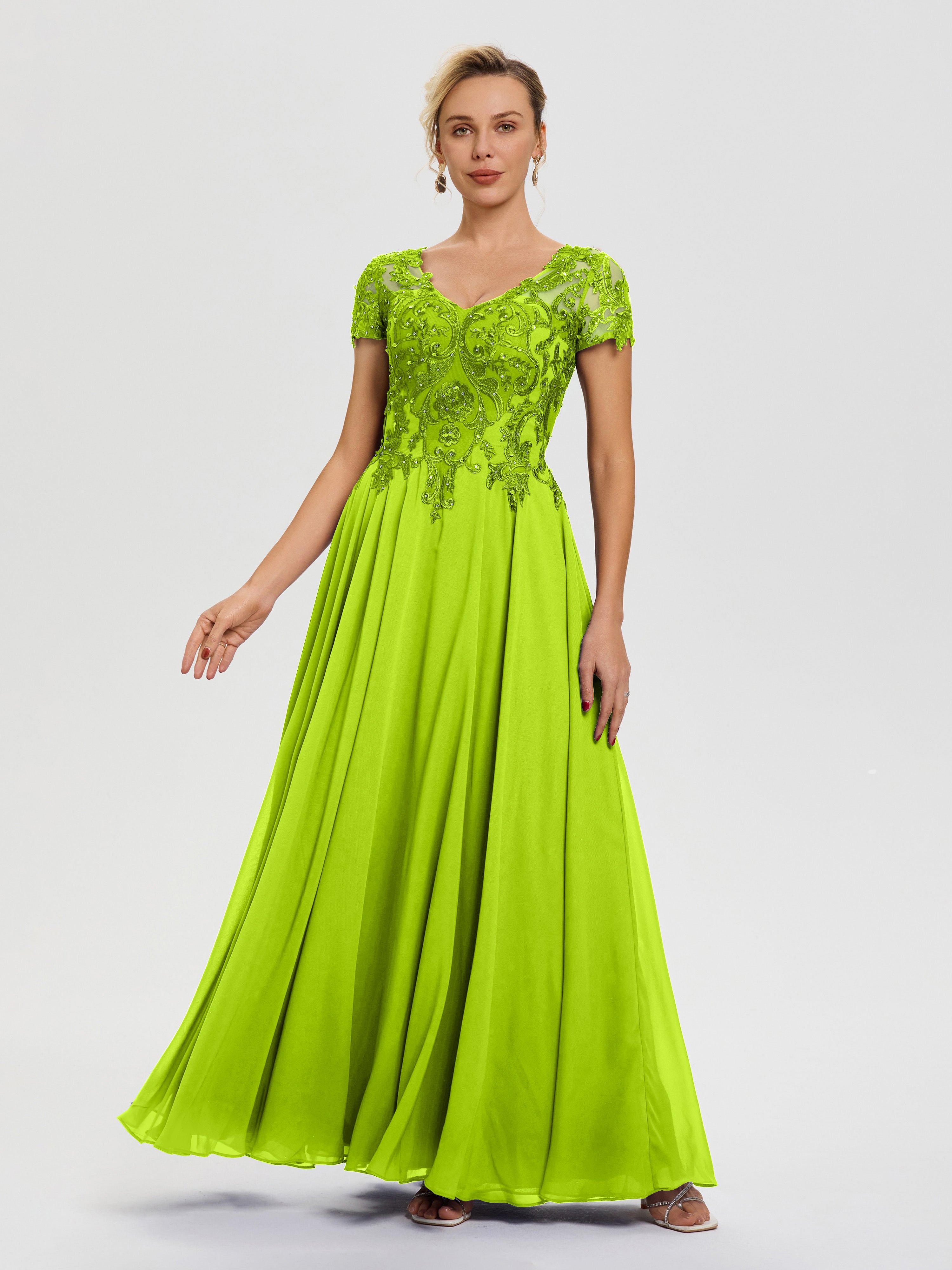 Lime Green Mother Of The Bride Outfits A-Line Lace Sleeves V-Neck Long Lime Green Mother Of The Bride Outfits A-Line Lace Sleeves V-Neck Long