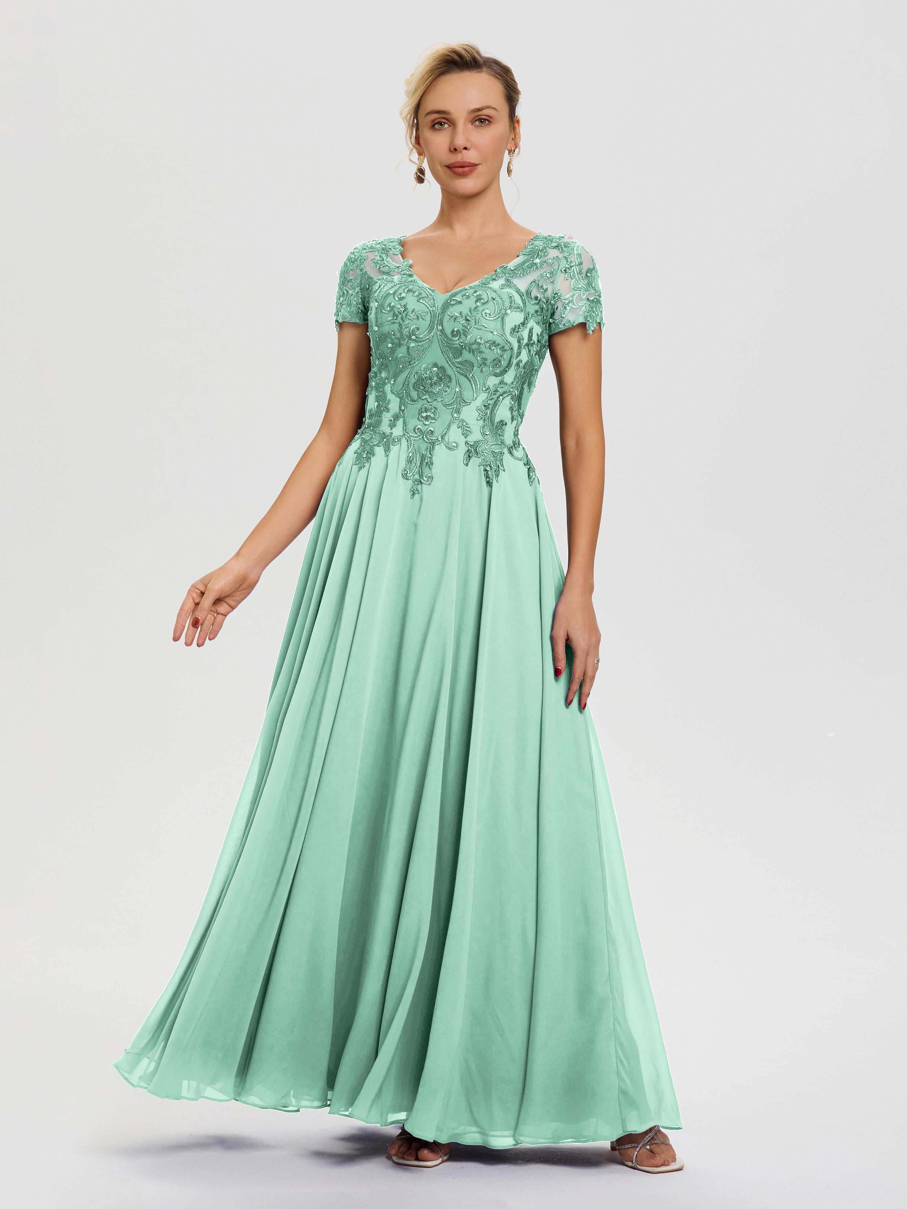 Mother Of The Bride Dresses In Mint Green A-Line Lace Sleeves V-Neck Long Chiffon Mother Of The Bride Dress Mother Of The Bride Dresses In Mint Green A-Line Lace Sleeves V-Neck Long Chiffon Mother Of The Bride Dress