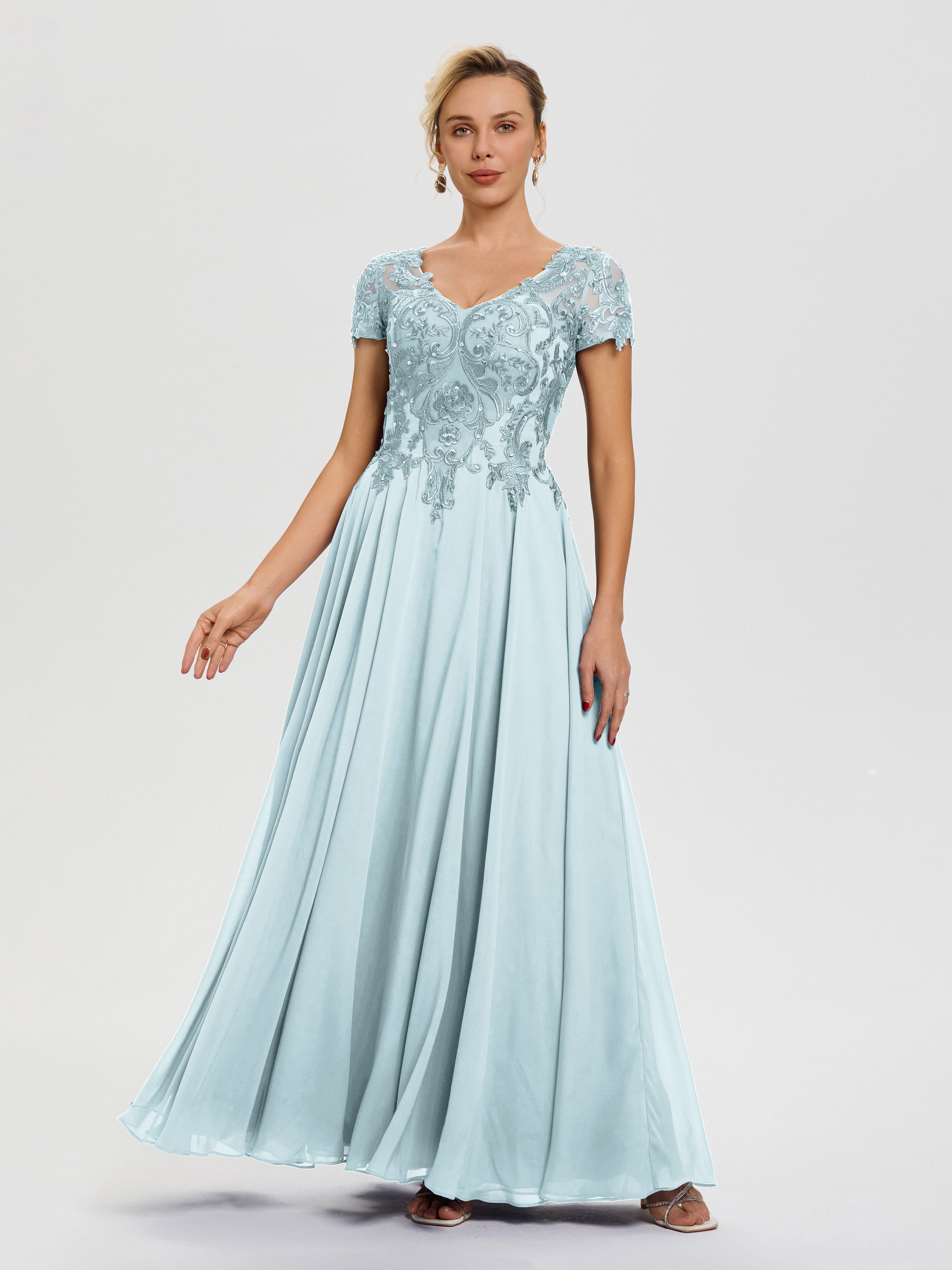 Mist Mother Of Bride Dress A-Line Lace Sleeves V-Neck Long Chiffon Mot Mist Mother Of Bride Dress A-Line Lace Sleeves V-Neck Long Chiffon Mot