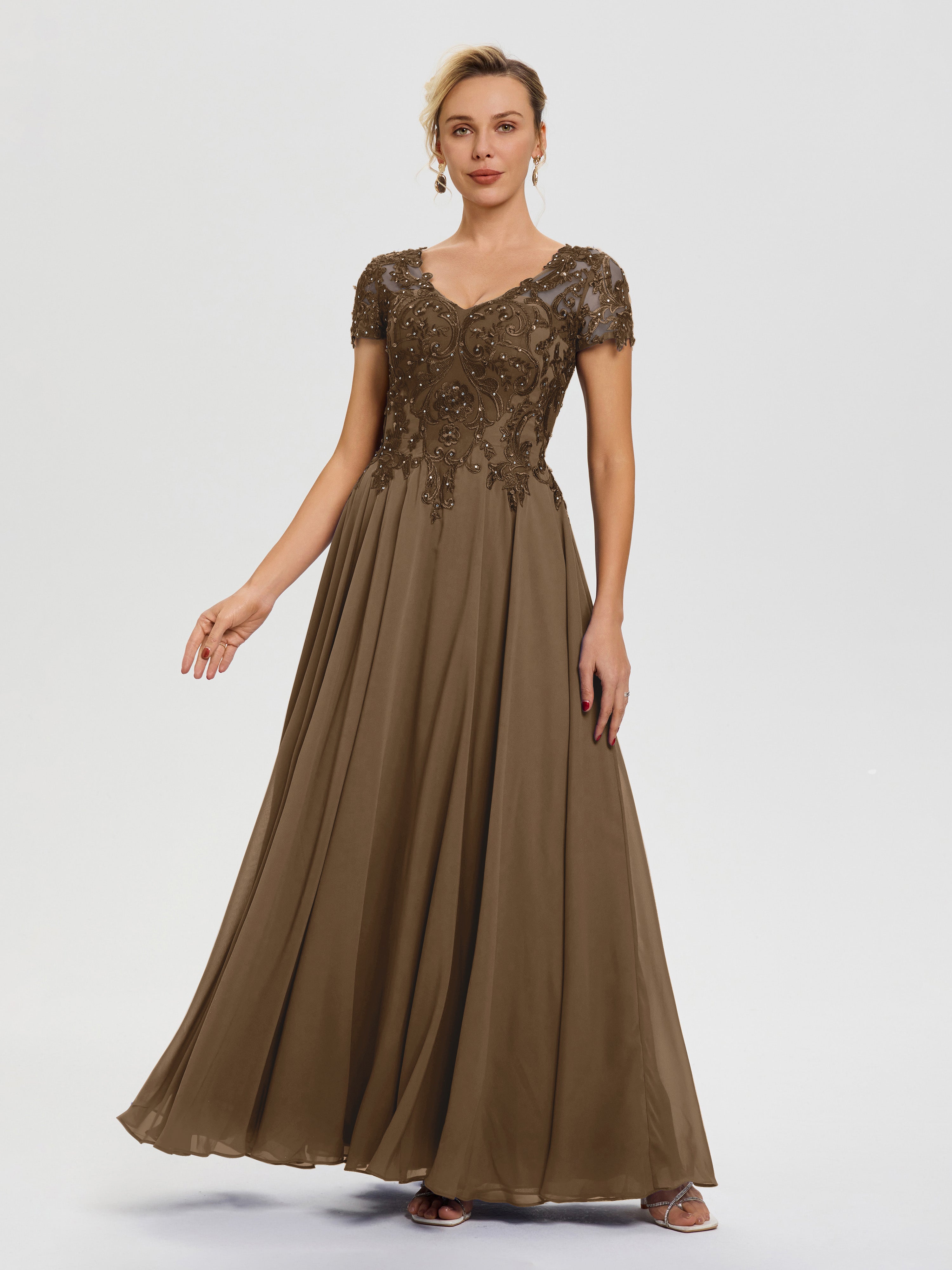 Mocha Mother Of Bride Dress A-Line Lace Sleeves V-Neck Long Chiffon Mo Mocha Mother Of Bride Dress A-Line Lace Sleeves V-Neck Long Chiffon Mo