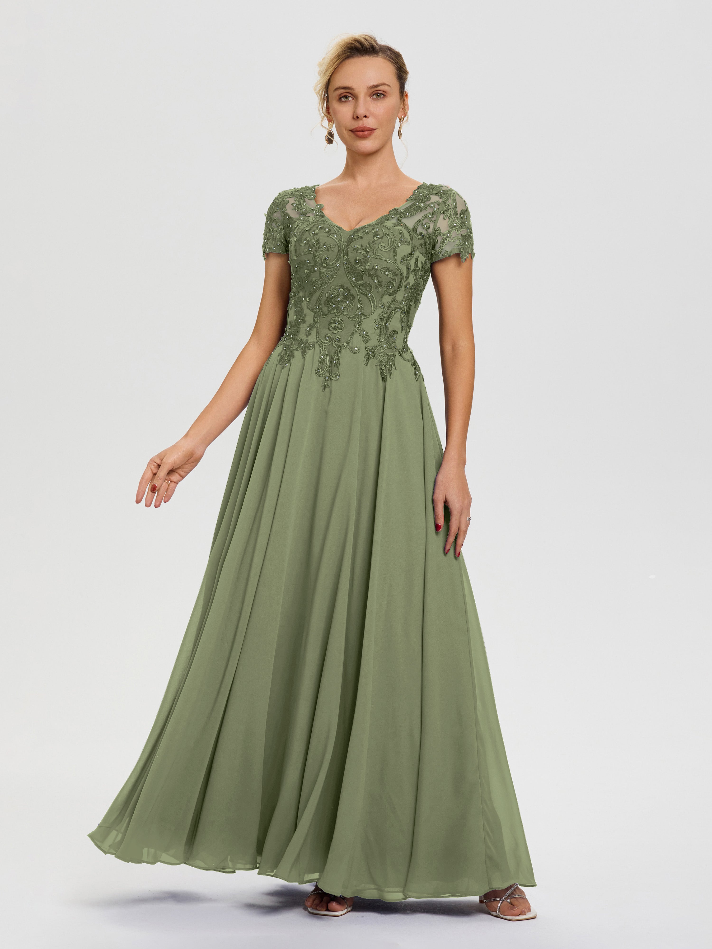 Light Olive Green Mother Of The Bride Dresses A-Line Lace Sleeves V-Ne
