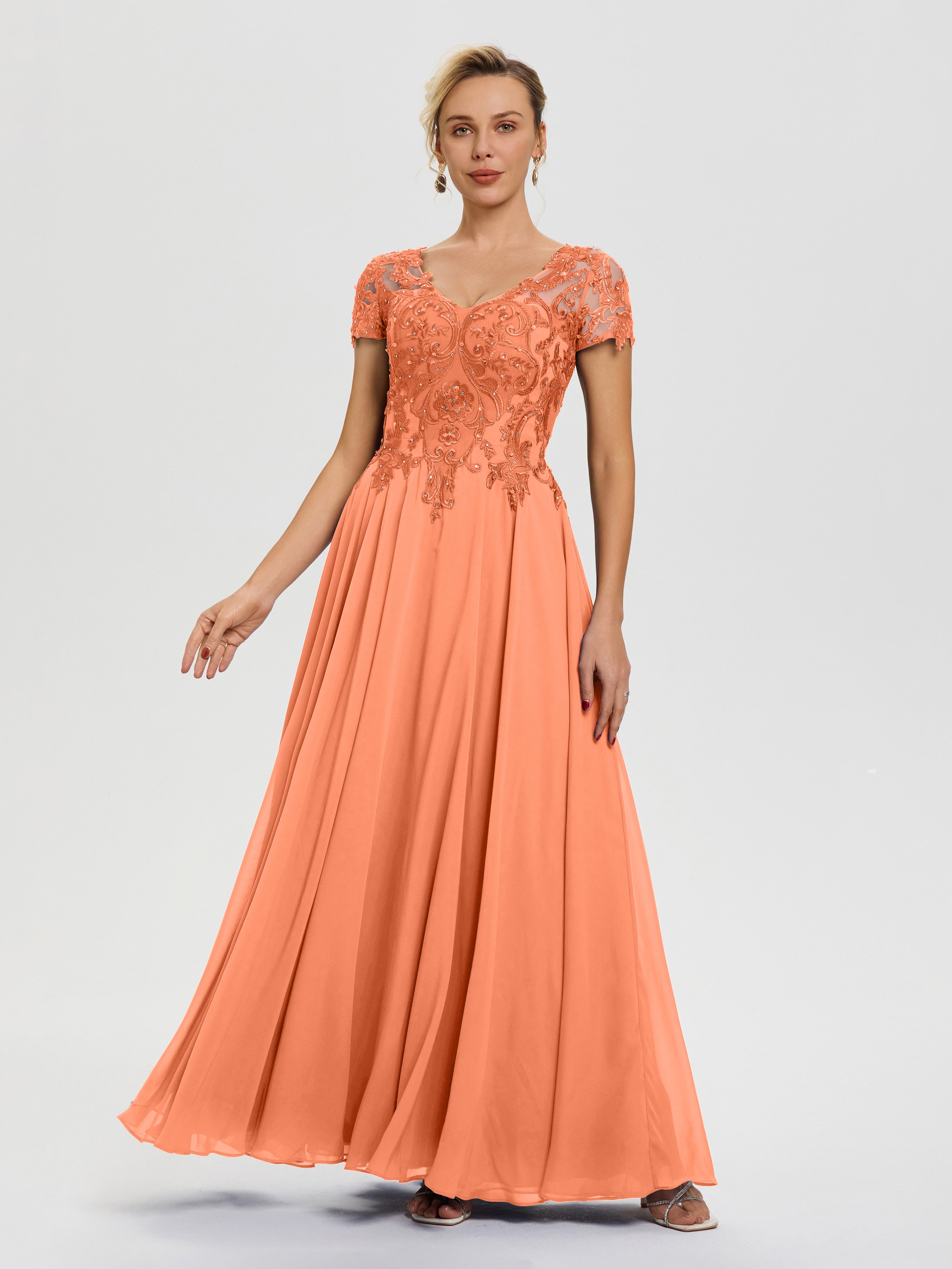 Mother Of The Bride Dresses In Papaya A-Line Lace Sleeves V-Neck Long Chiffon Mother Of The Bride Dress Mother Of The Bride Dresses In Papaya A-Line Lace Sleeves V-Neck Long Chiffon Mother Of The Bride Dress