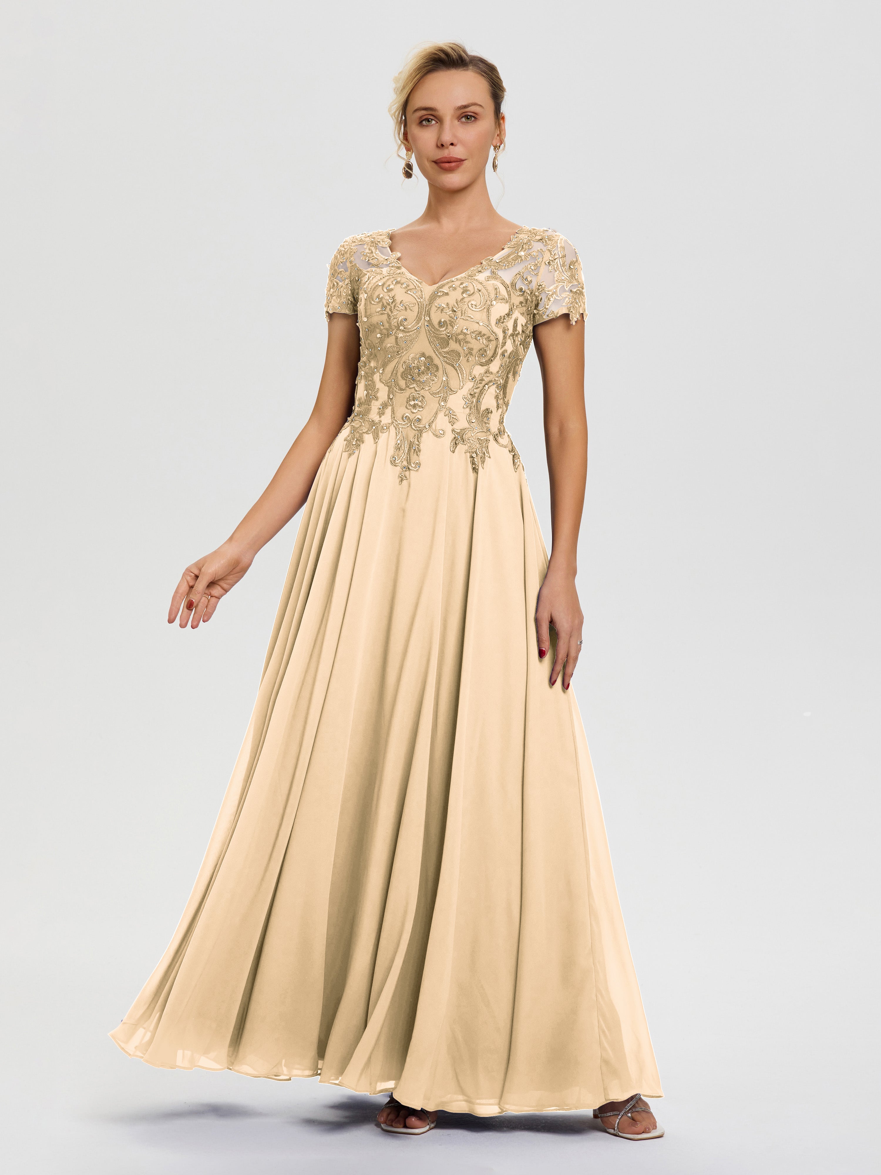 Peach Mother Of The Bride Gown A-Line Lace Sleeves V-Neck Long Chiffon Peach Mother Of The Bride Gown A-Line Lace Sleeves V-Neck Long Chiffon