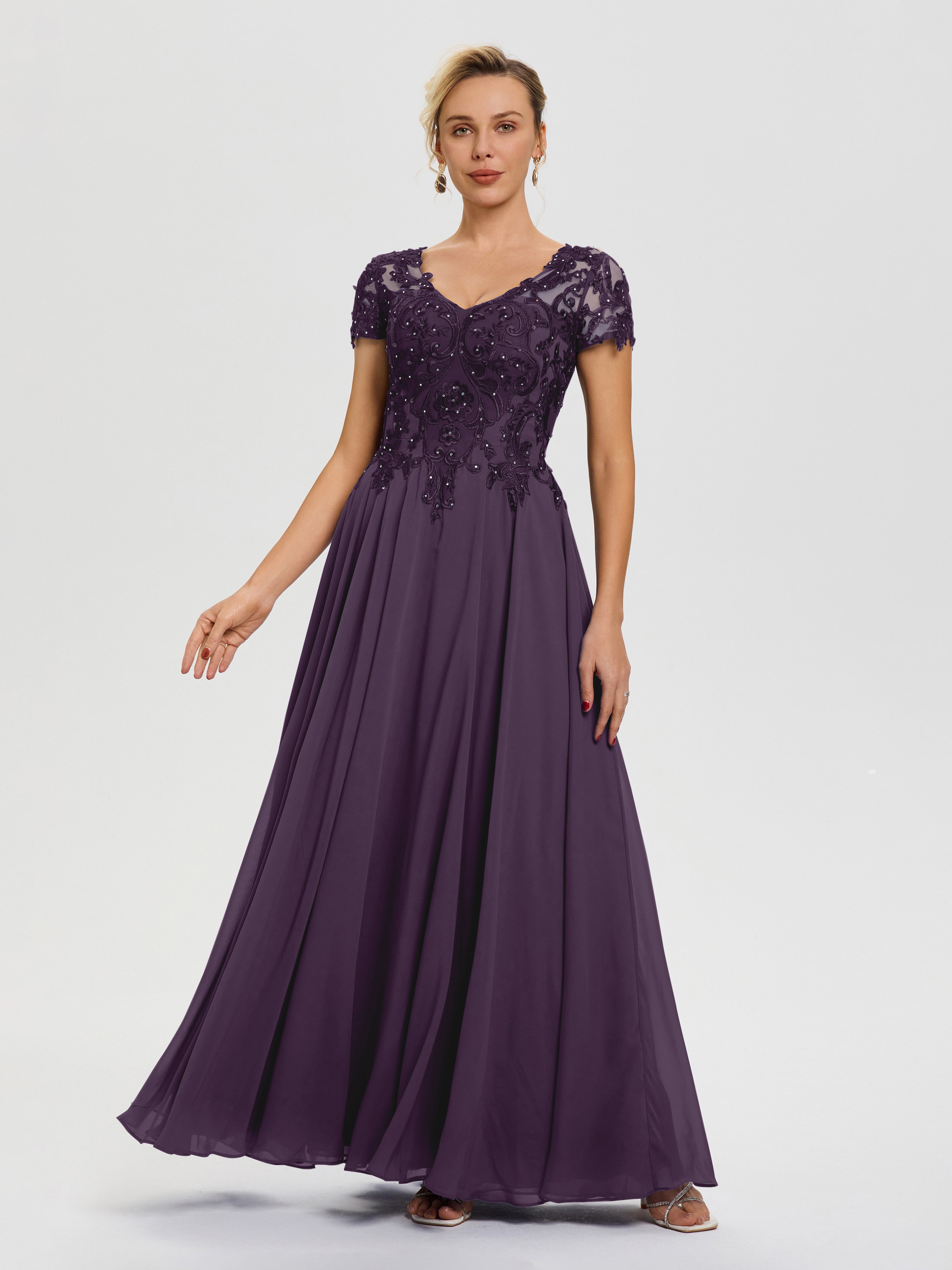 Plum Colored Mother Of The Bride Dress A-Line Lace Sleeves V-Neck Long Plum Colored Mother Of The Bride Dress A-Line Lace Sleeves V-Neck Long