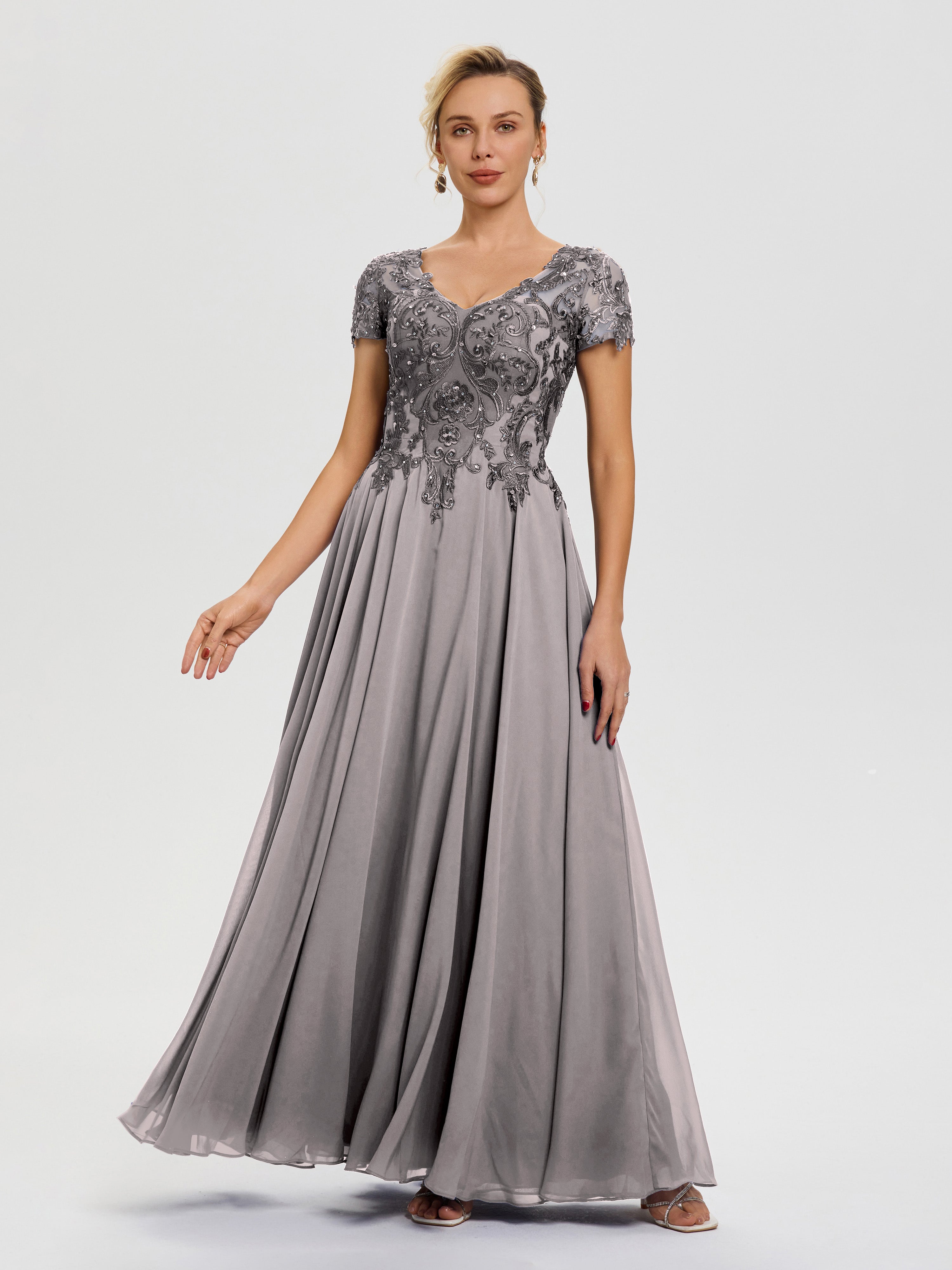 Mother Of The Bride Silver Dresses A-Line Lace Sleeves V-Neck Long Chiffon Mother Of The Bride Dress Mother Of The Bride Silver Dresses A-Line Lace Sleeves V-Neck Long Chiffon Mother Of The Bride Dress