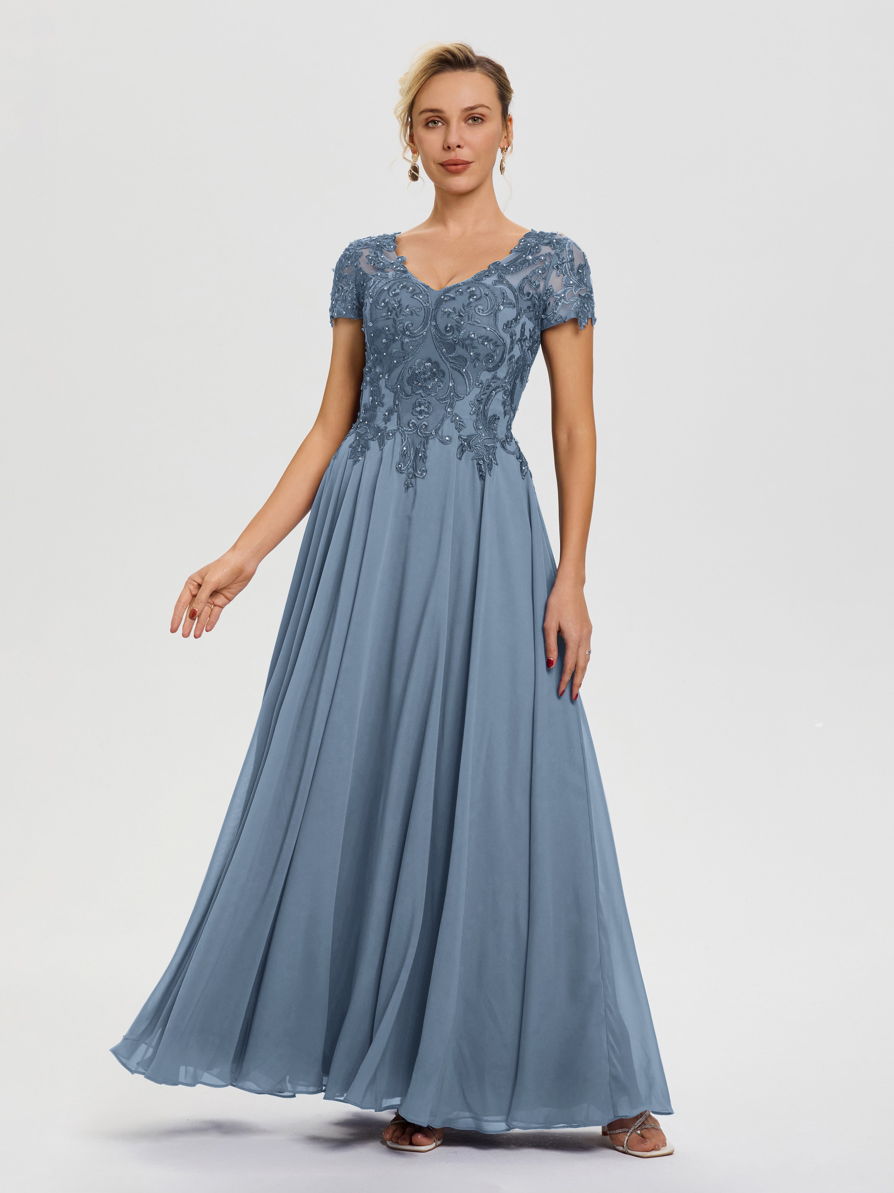 Mother Of The Bride Outfit Slate Blue A-Line Lace Sleeves V-Neck Long