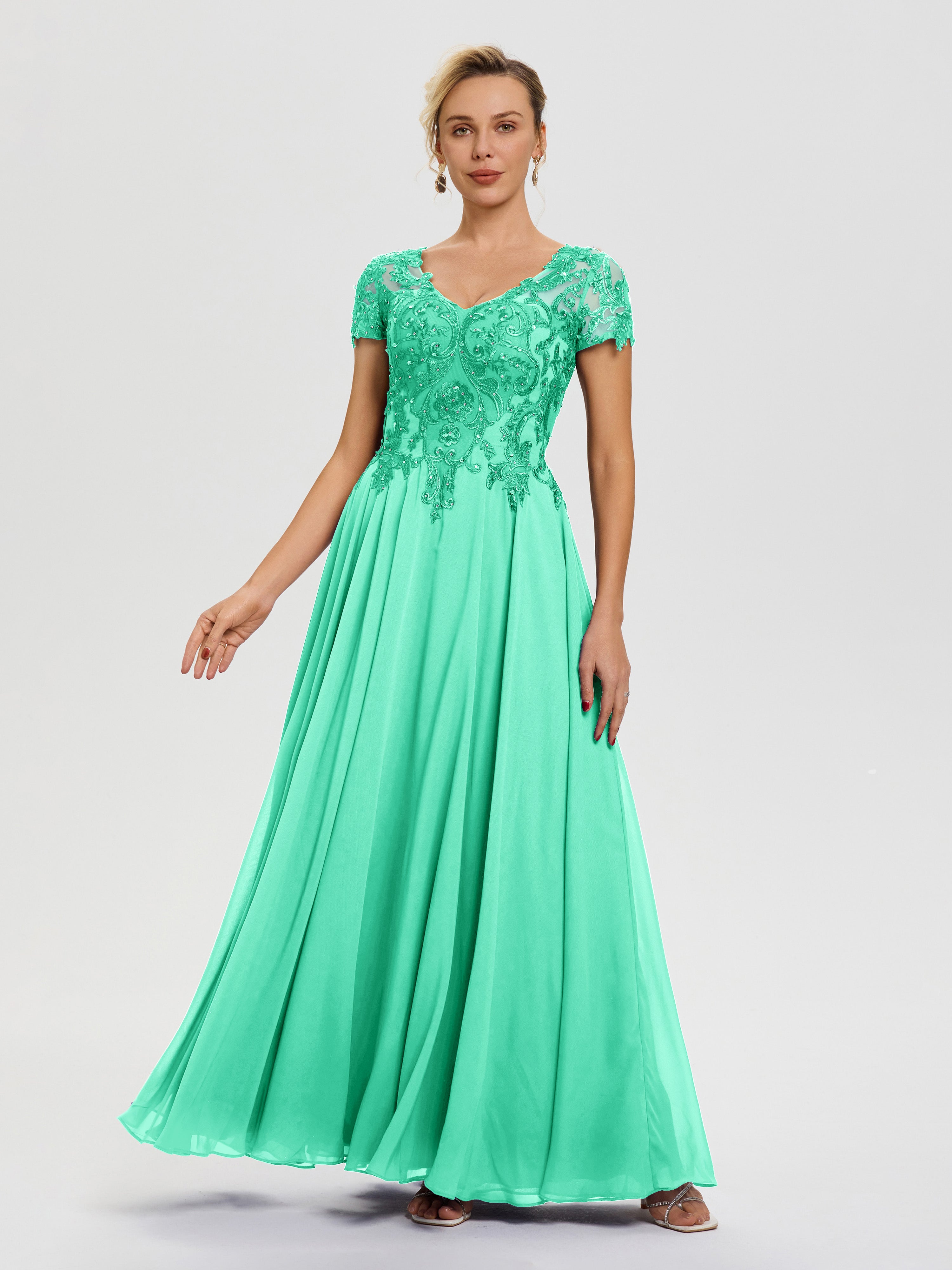 Turquoise Blue Mother Of The Bride Dress A-Line Lace Sleeves V-Neck Lo Turquoise Blue Mother Of The Bride Dress A-Line Lace Sleeves V-Neck Lo