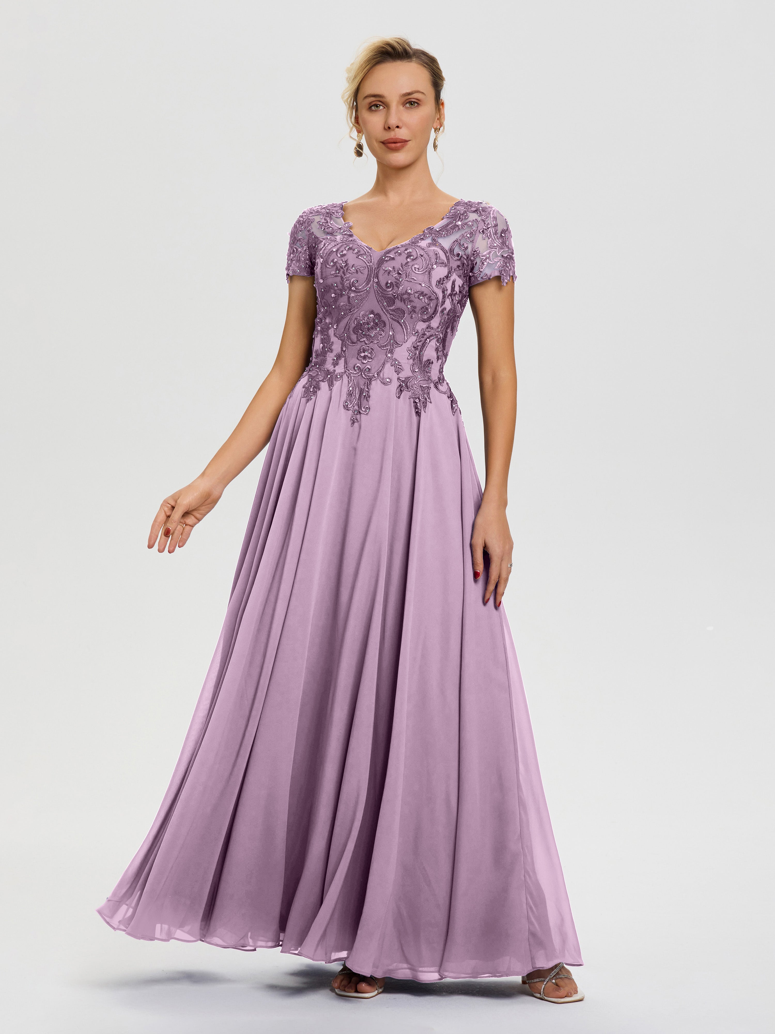 Wisteria Mother Of The Bride Dresses A-Line Lace Sleeves V-Neck Long Chiffon Mother Of The Bride Dress Wisteria Mother Of The Bride Dresses A-Line Lace Sleeves V-Neck Long Chiffon Mother Of The Bride Dress