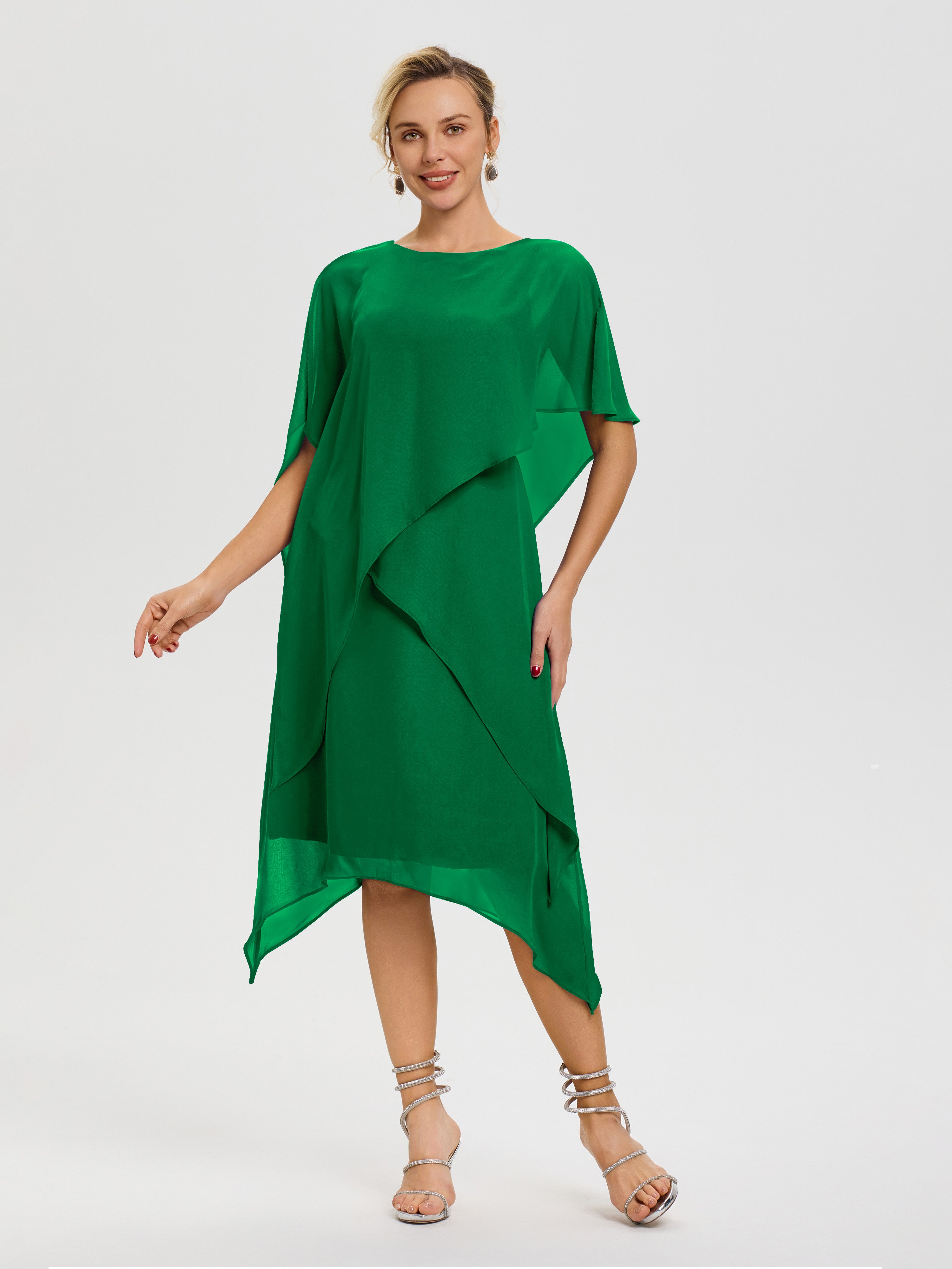 emerald green dress for wedding with sleeves Dark Green Wrap Satin Dress With Flutter Sleeves