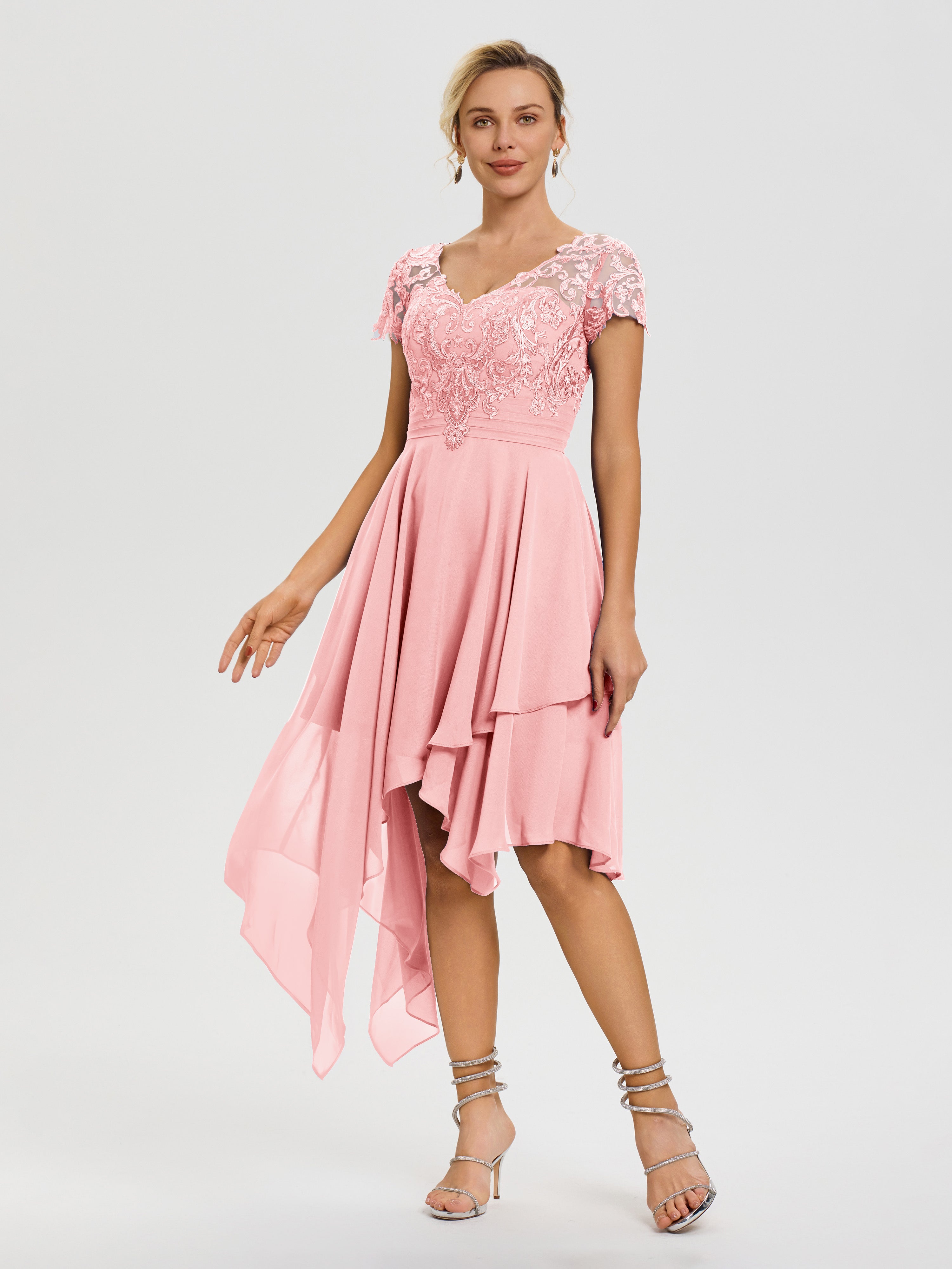 Mother Of The Bride Blush Dresses Asymmetrical Sleeves A-Line V-Neck Lace Knee Length Chiffon Mother Of The Bride Dress Mother Of The Bride Blush Dresses Asymmetrical Sleeves A-Line V-Neck Lace Knee Length Chiffon Mother Of The Bride Dress