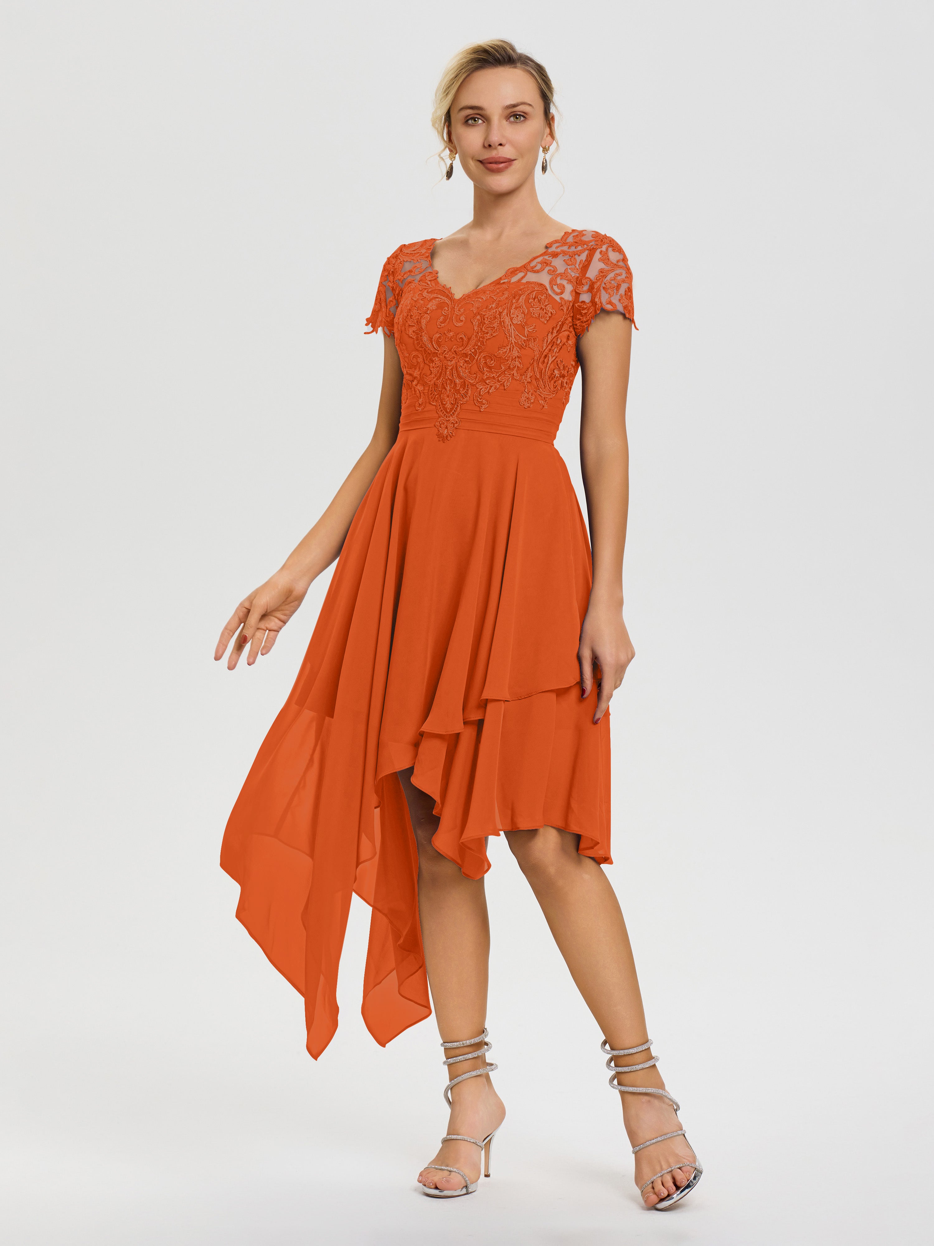 Burnt Orange Mother Of Bride Dress Asymmetrical Sleeves A-Line V-Neck Burnt Orange Mother Of Bride Dress Asymmetrical Sleeves A-Line V-Neck