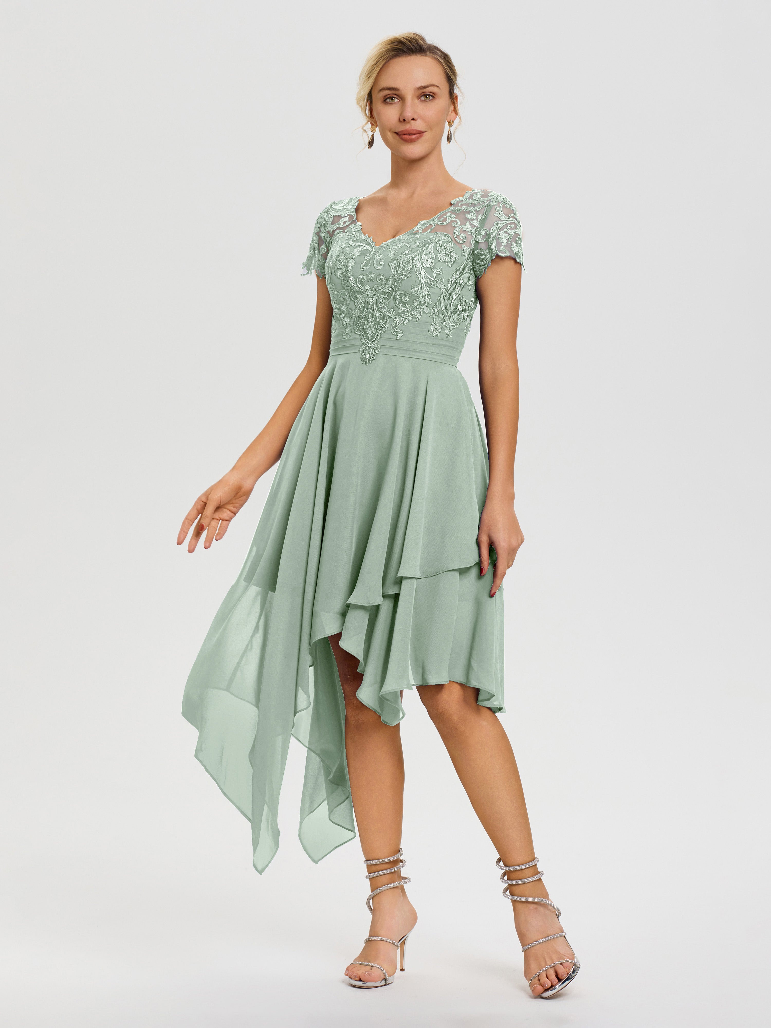 Celadon Mother Of The Bride Dress Asymmetrical Sleeves A-Line V-Neck Lace Knee Length Chiffon Mother Of The Bride Dress Celadon Mother Of The Bride Dress Asymmetrical Sleeves A-Line V-Neck Lace Knee Length Chiffon Mother Of The Bride Dress