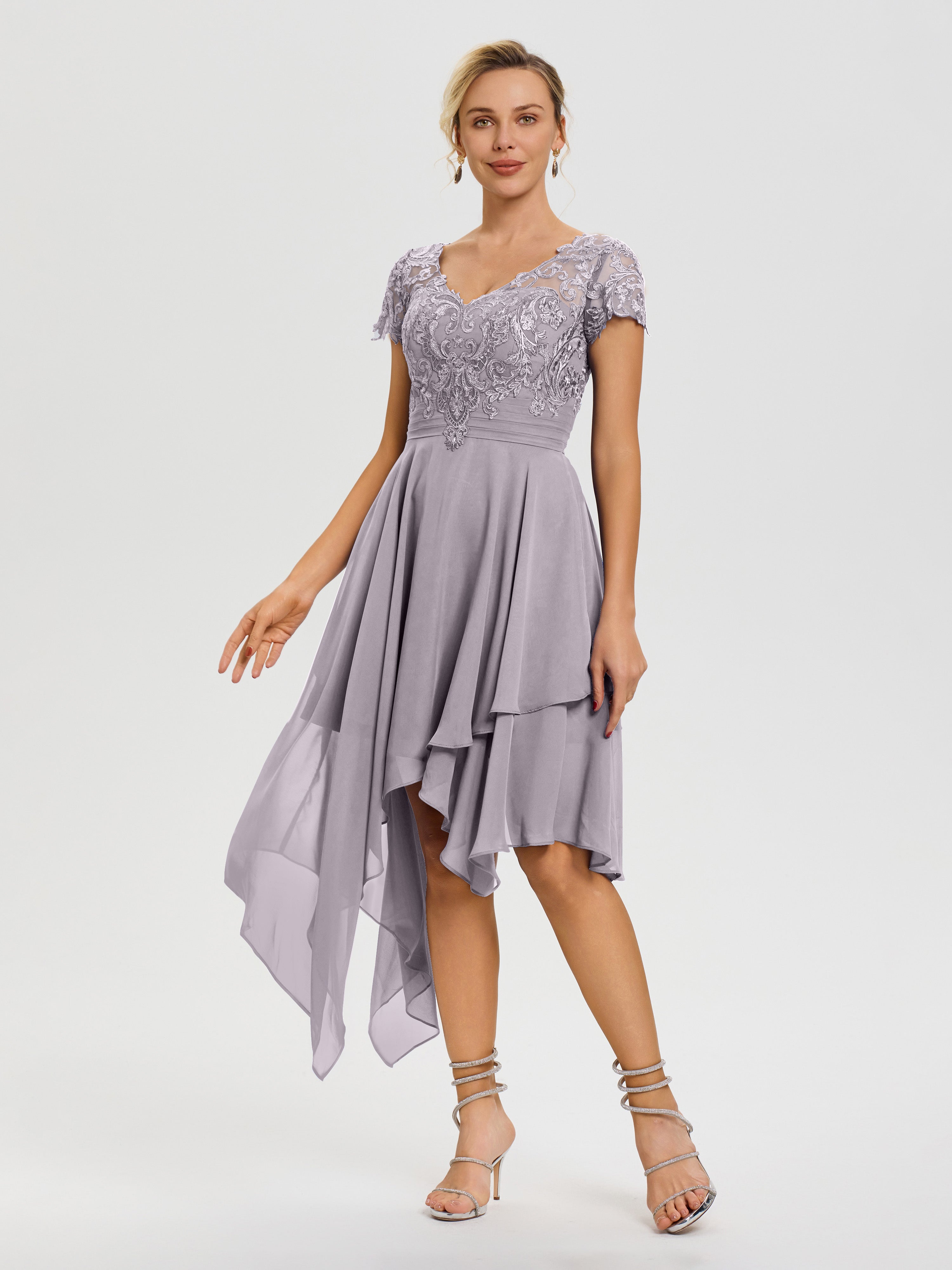 asymmetrical mother of the bride dresses A-line Bateau Chiffon Dress with Appliqued Pleated S5040M - Mother of the Bride Silk Satin Silhouette Dusk Mother Of The Bride