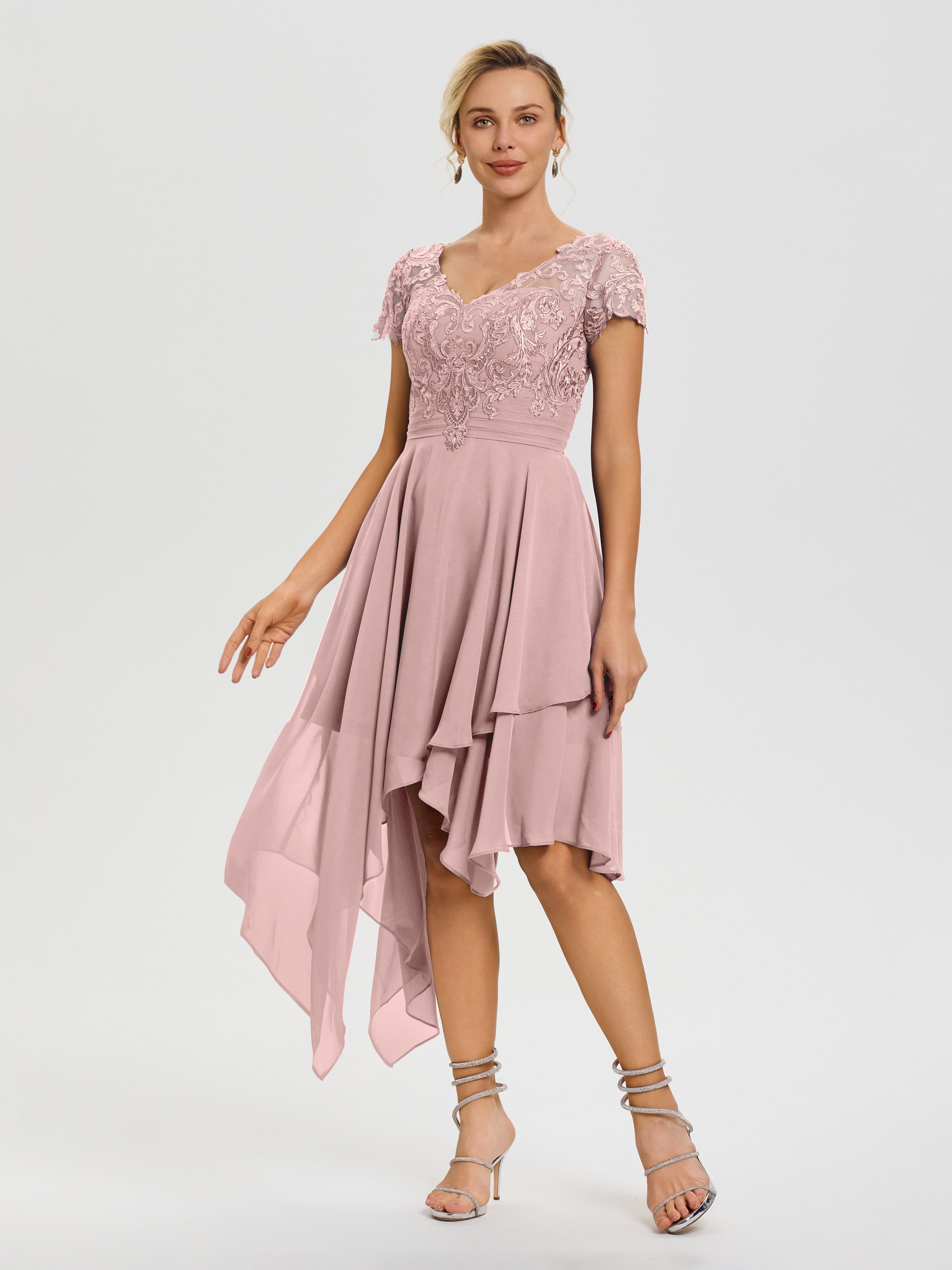 Mother Of The Bride Dusty Rose Asymmetrical Sleeves A-Line V-Neck Lace Mother Of The Bride Dusty Rose Asymmetrical Sleeves A-Line V-Neck Lace