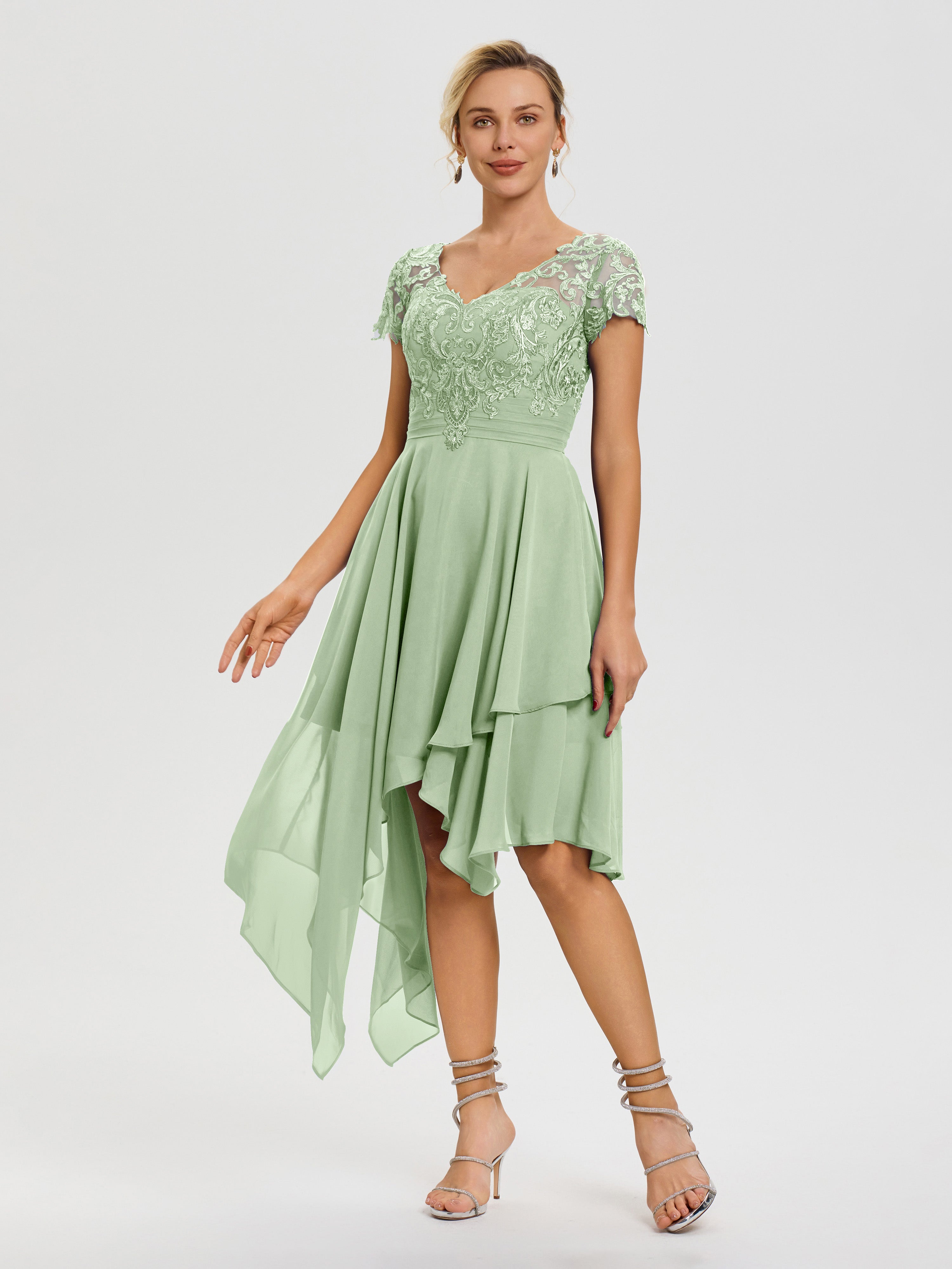 Sage Green Mother Of The Bride Asymmetrical Sleeves A-Line V-Neck Lace Knee Length Chiffon Mother Of The Bride Dress Sage Green Mother Of The Bride Asymmetrical Sleeves A-Line V-Neck Lace Knee Length Chiffon Mother Of The Bride Dress