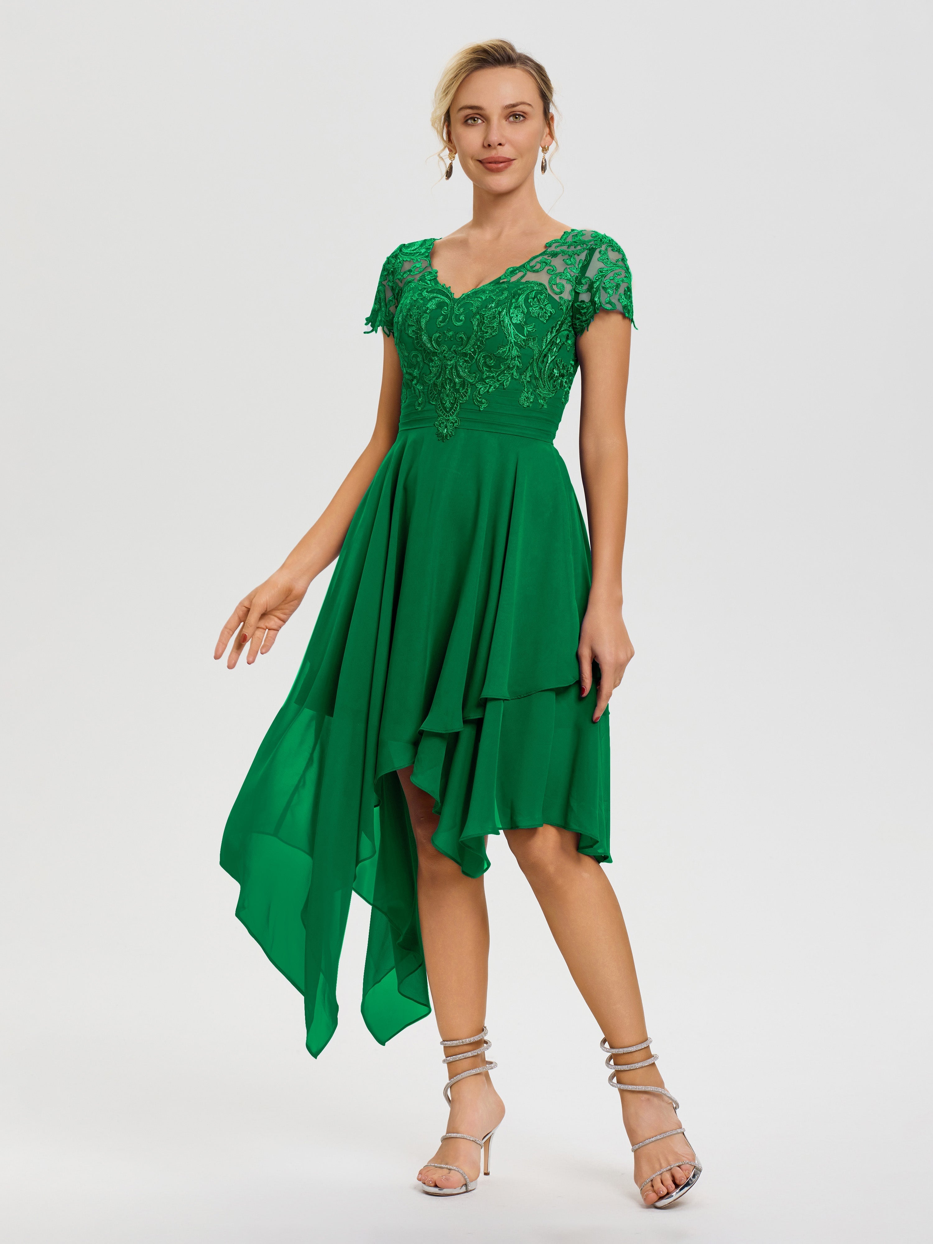 Mother Of The Bride Dresses In Emerald Green Asymmetrical Sleeves A-Line V-Neck Lace Knee Length Chiffon Mother Of The Bride Dress Mother Of The Bride Dresses In Emerald Green Asymmetrical Sleeves A-Line V-Neck Lace Knee Length Chiffon Mother Of The Bride Dress