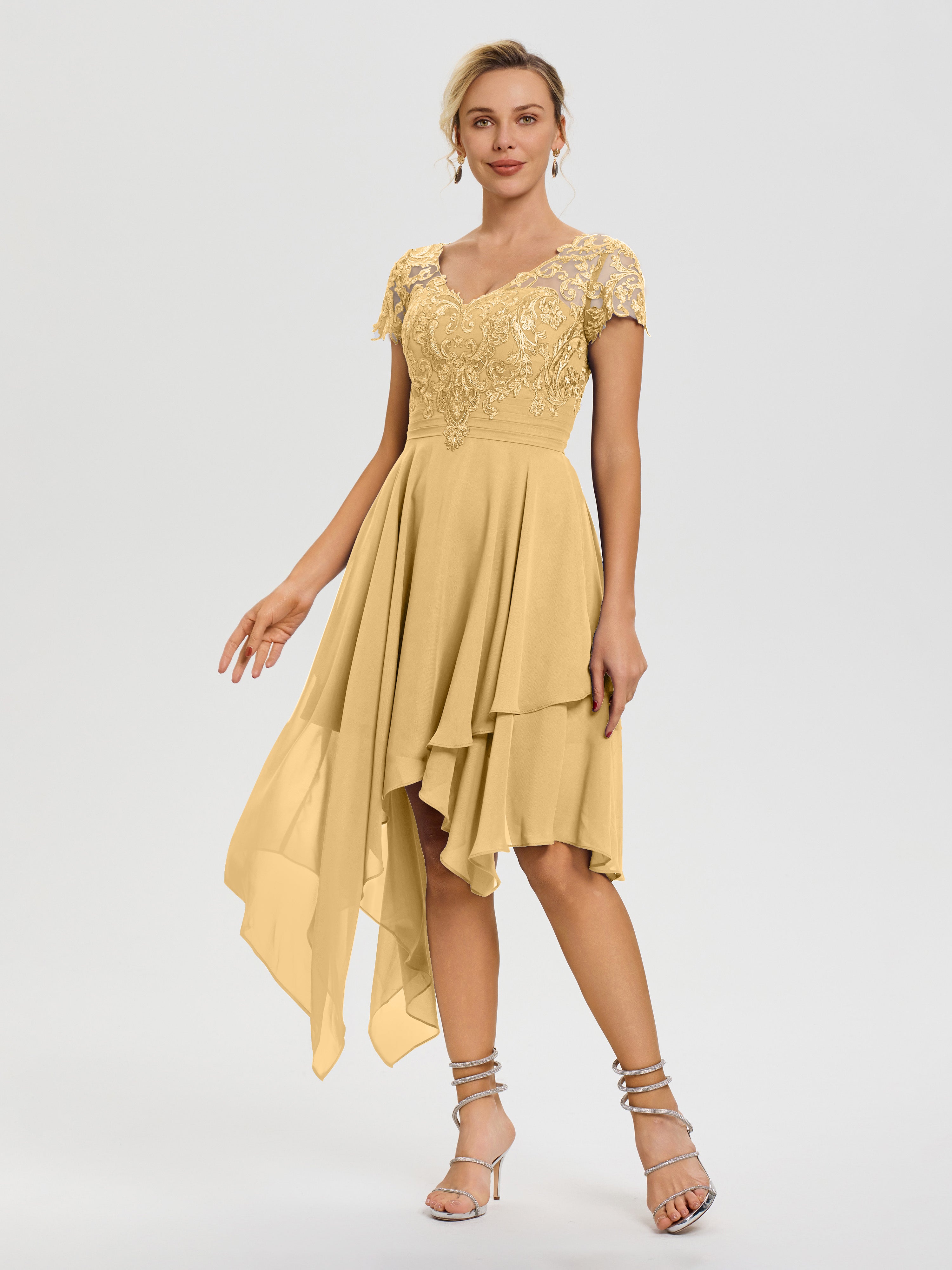 Mother Of The Bride Dress In Gold Asymmetrical Sleeves A-Line V-Neck L Mother Of The Bride Dress In Gold Asymmetrical Sleeves A-Line V-Neck L