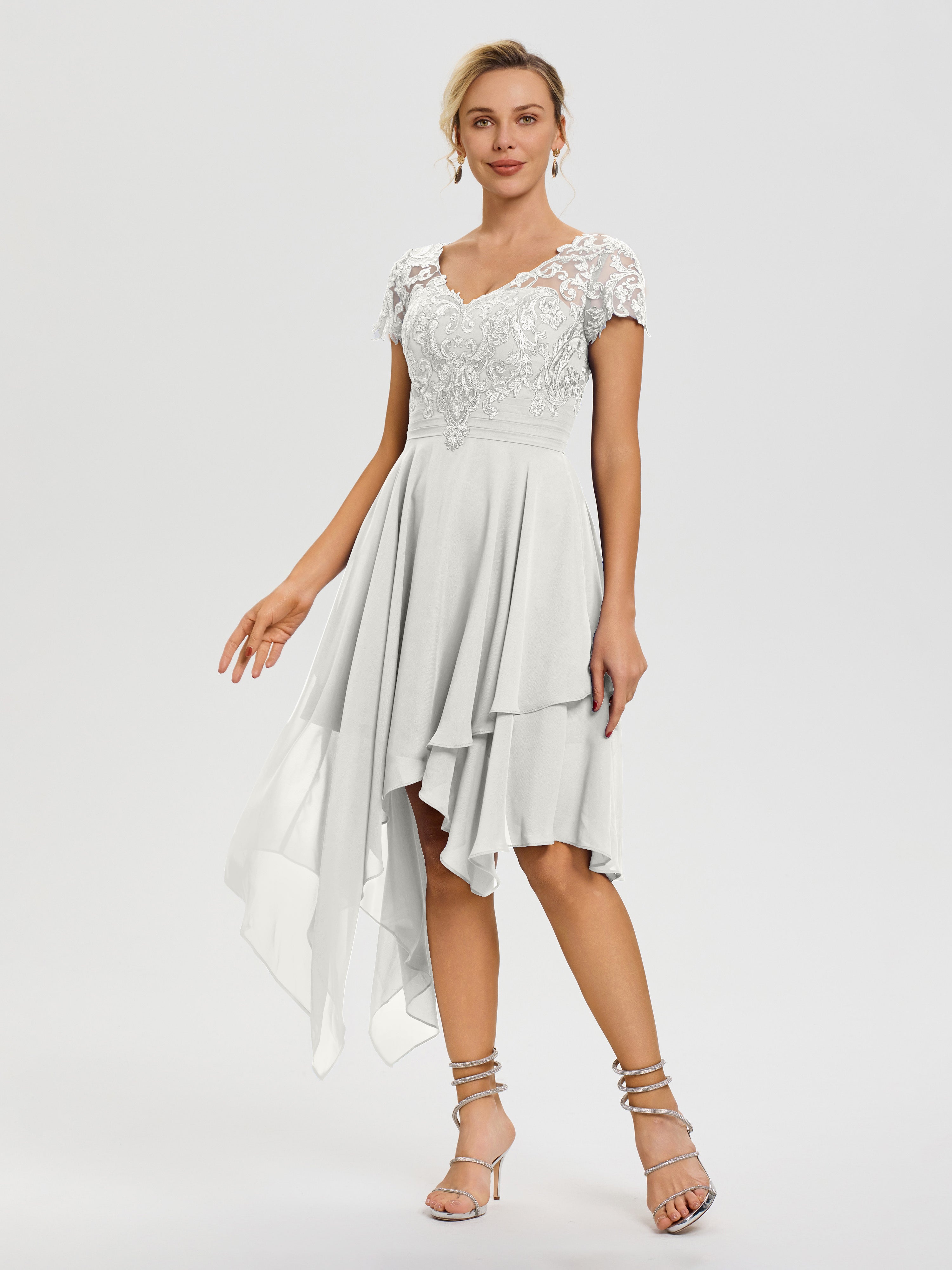 Ivory Lace Mother Of The Bride Dress Asymmetrical Sleeves A-Line V-Neck Lace Knee Length Chiffon Mother Of The Bride Dress Ivory Lace Mother Of The Bride Dress Asymmetrical Sleeves A-Line V-Neck Lace Knee Length Chiffon Mother Of The Bride Dress